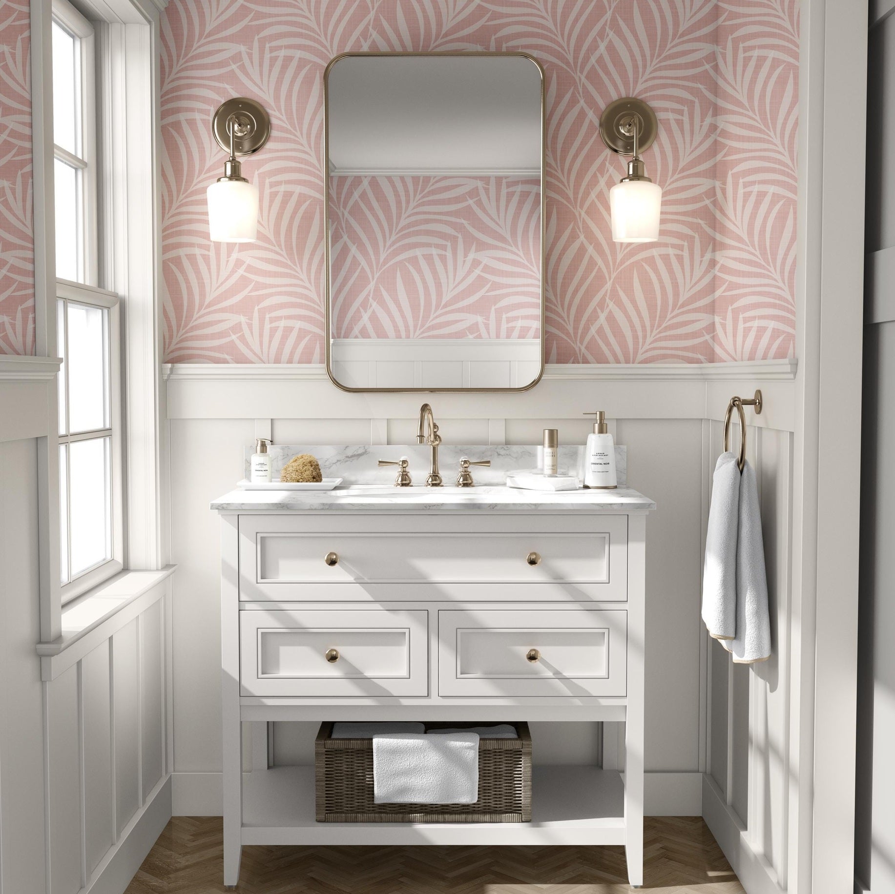 Boho Tropical Pink Peel and Stick Wallpaper with palm frond leaves. Shown in removable peel and stick or pre-pasted, this is a perfect palm springs print for baby girl nursery, teen tween room, or kids bathroom.