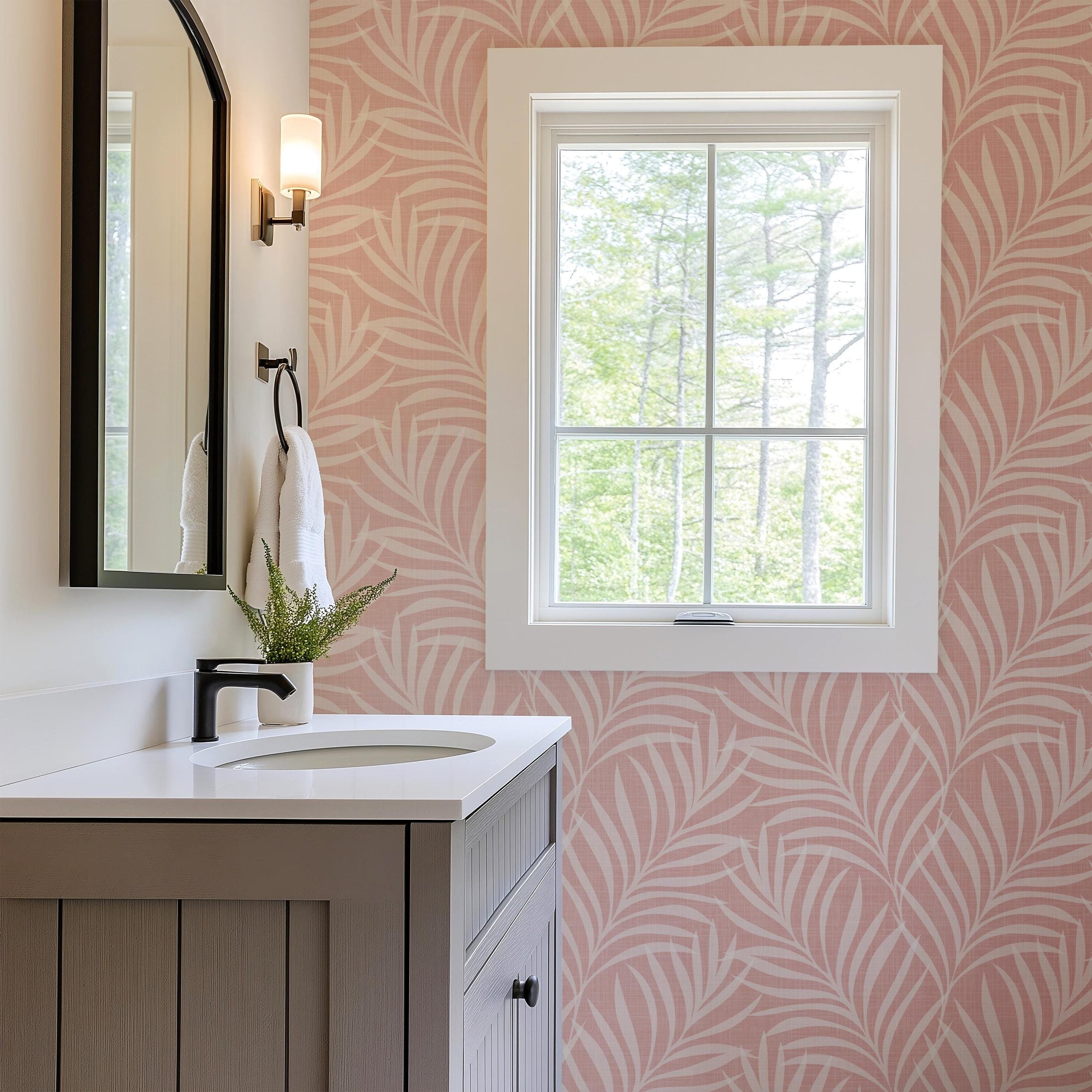 Boho Tropical Pink Peel and Stick Wallpaper with palm frond leaves. Shown in removable peel and stick or pre-pasted, this is a perfect palm springs print for baby girl nursery, teen tween room, or kids bathroom.