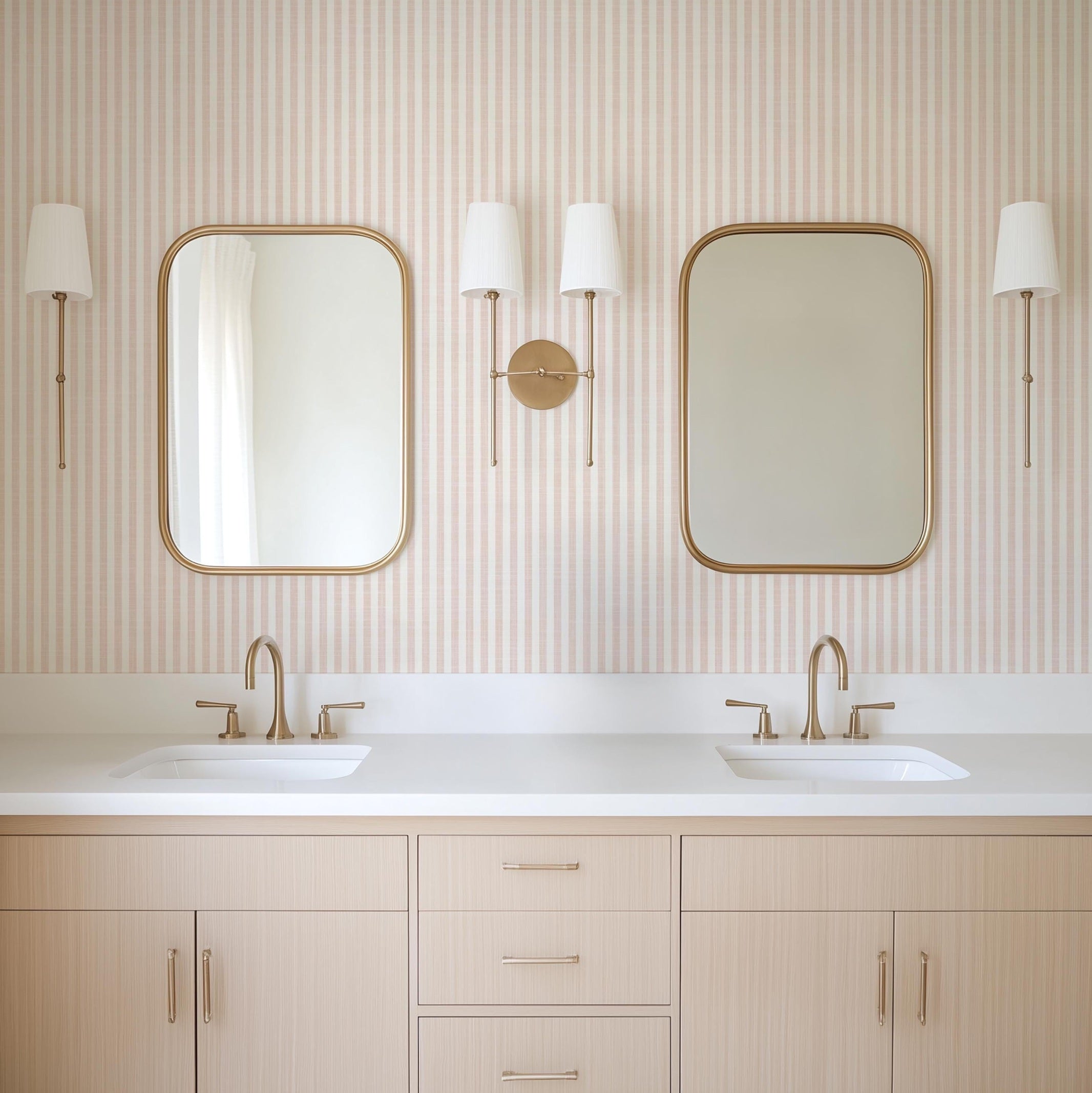 Farmhouse Stripe Wallpaper - Pink wallpaper available in peel and stick (removable), prepasted, and traditional nonpasted / unpasted 