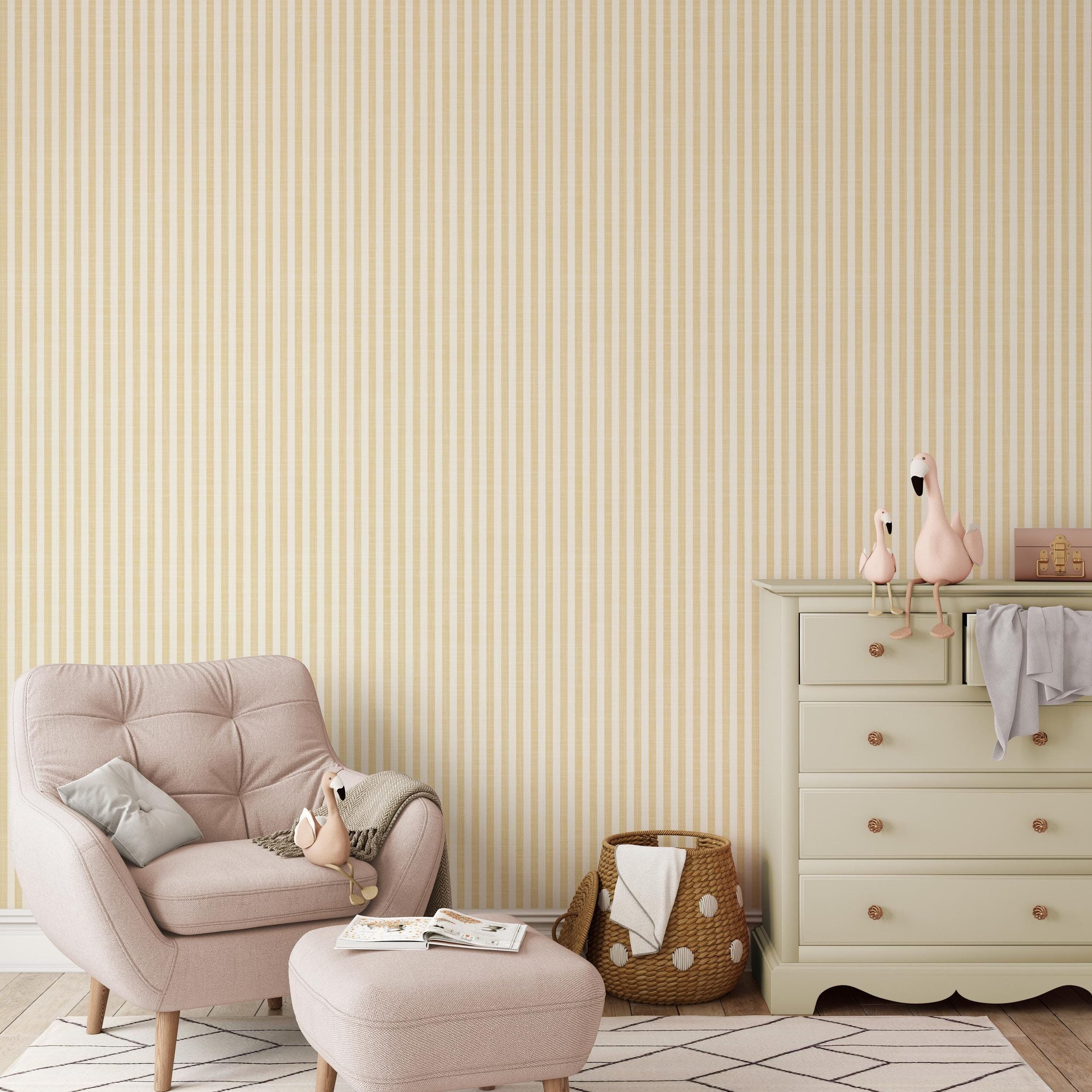 Farmhouse Stripe Wallpaper - Yellow wallpaper available in peel and stick (removable), prepasted, and traditional nonpasted / unpasted 