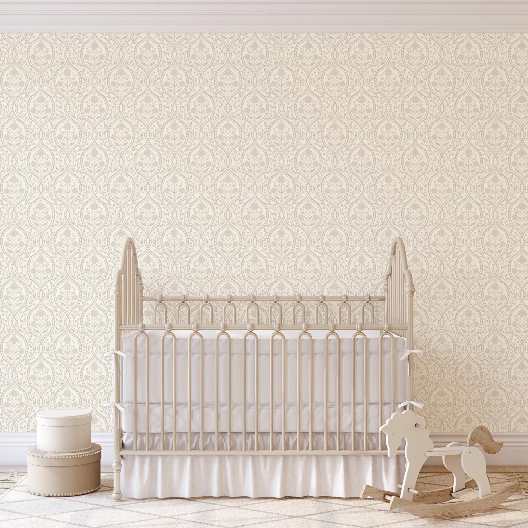 wallpaper shown in peel and stick or removable prepasted. neutral beige and off white French country wallpaper with elegant wildflower damask. Renter-friendly subtle botanical design for a timeless baby girl nursery, bedroom, or bathroom wall.