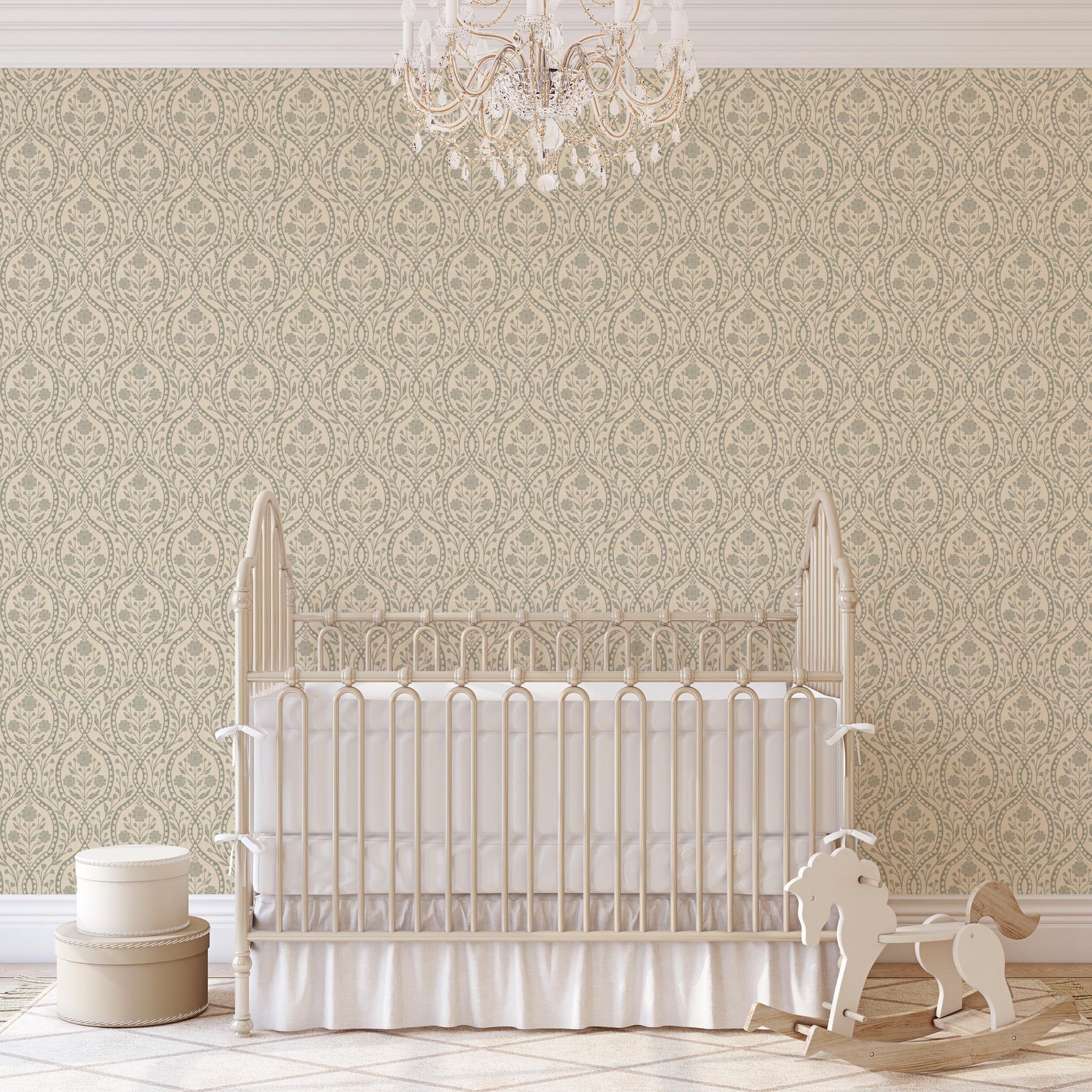 wallpaper shown in peel and stick or removable prepasted. neutral sage green and beige French country wallpaper with elegant wildflower damask. Renter-friendly subtle botanical design for a timeless baby girl nursery, bedroom, or bathroom wall.