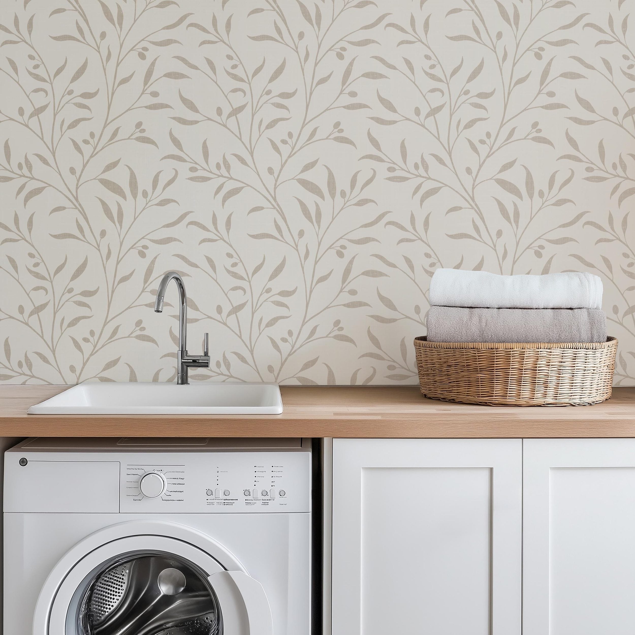 Olive Grove Wallpaper - Neutral wallpaper available in peel and stick (removable), prepasted, and traditional nonpasted / unpasted 