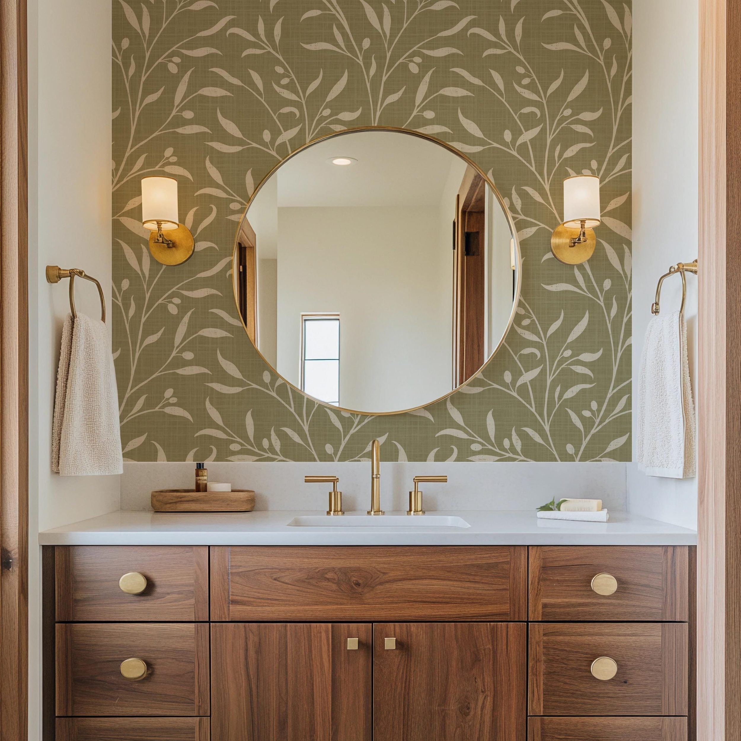French Country Wallpaper shown in Removable Peel and Stick or Pre-pasted. This Olive Tree Leaf & Branches Green Botanical is great for cottagecore, mediterranean, or english country style Bedroom, Living Room, Entry, powder room or bathroom.