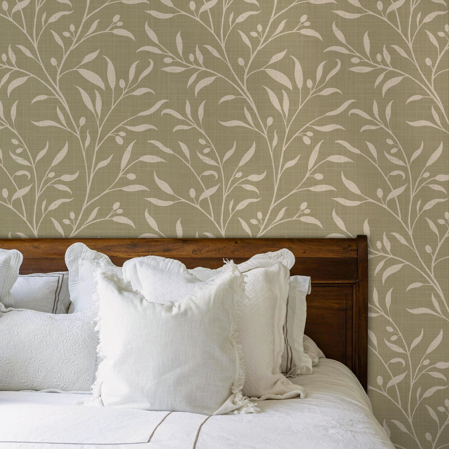 French Country Wallpaper shown in Removable Peel and Stick or Pre-pasted. This Olive Tree Leaf & Branches Green Botanical is great for cottagecore, mediterranean, or english country style Bedroom, Living Room, Entry, powder room or bathroom.