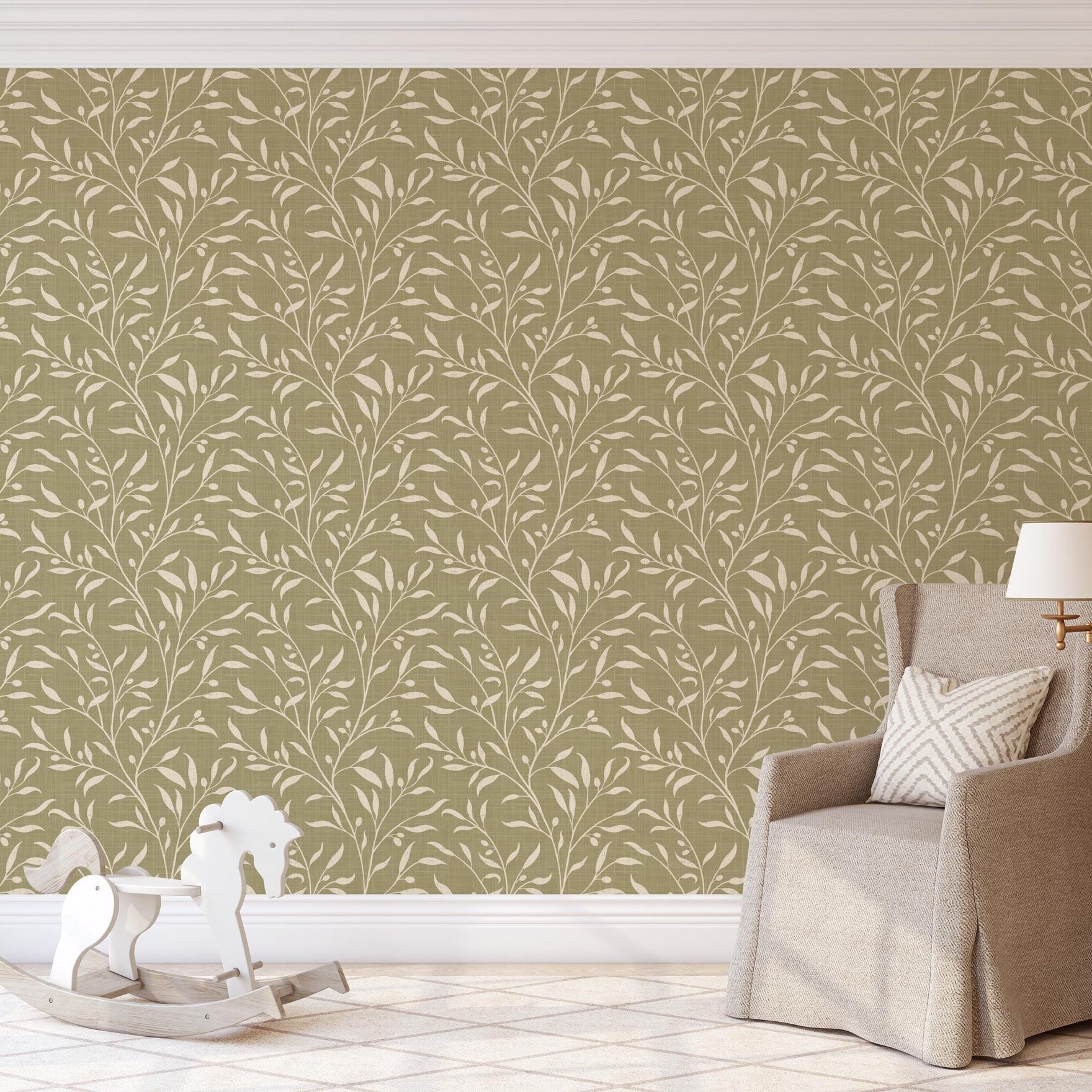 French Country Wallpaper shown in Removable Peel and Stick or Pre-pasted. This Olive Tree Leaf & Branches Green Botanical is great for cottagecore, mediterranean, or english country style Bedroom, Living Room, Entry, powder room or bathroom.