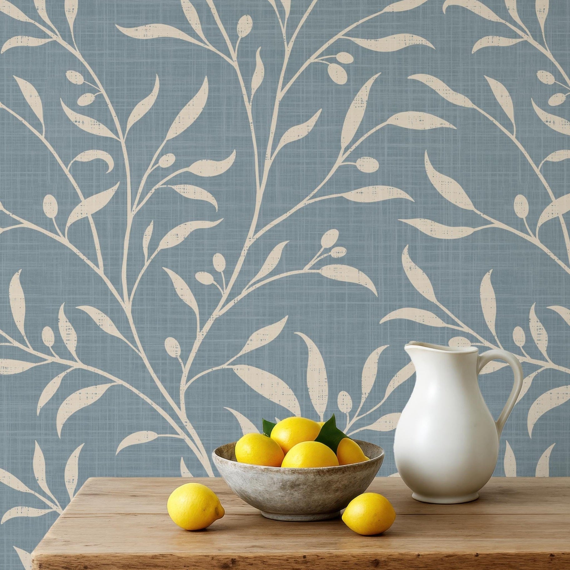 French Country Wallpaper shown in Removable Peel and Stick or Pre-pasted. This Olive Tree Leaf & Branches blue botanical is great for cottagecore, mediterranean, or english country style Bedroom, Living Room, Entry, powder room or bathroom.