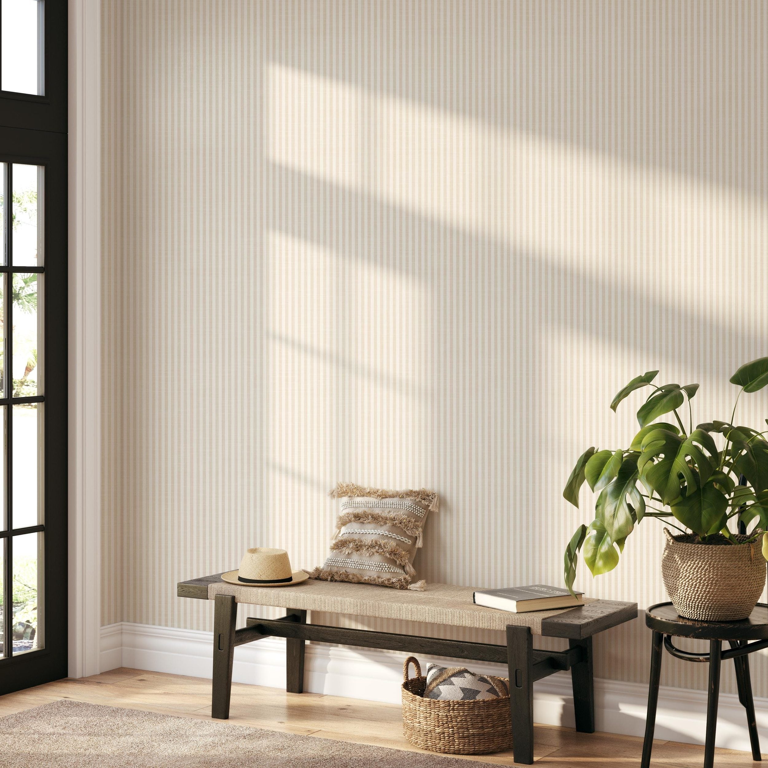 Beige and white vertical stripe wallpaper, minimalist neutral design, shown in renter friendly removable peel and stick or prepasted.