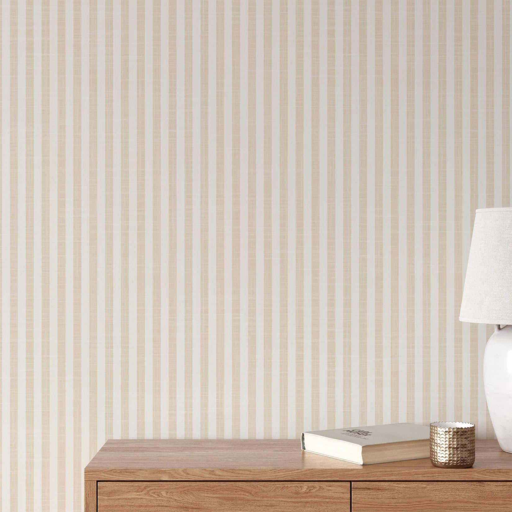 Beige and white vertical stripe wallpaper, minimalist neutral design, shown in renter friendly removable peel and stick or prepasted.