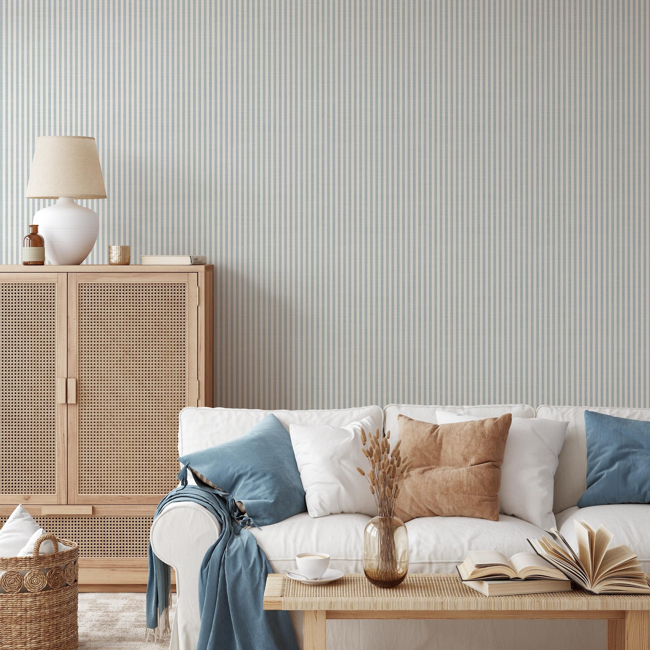 Farmhouse Stripe Wallpaper - Blue wallpaper available in peel and stick (removable), prepasted, and traditional nonpasted / unpasted 
