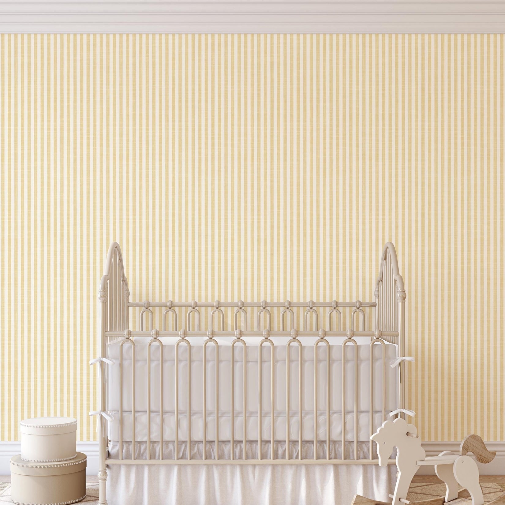 Farmhouse Stripe Wallpaper - Yellow wallpaper available in peel and stick (removable), prepasted, and traditional nonpasted / unpasted 