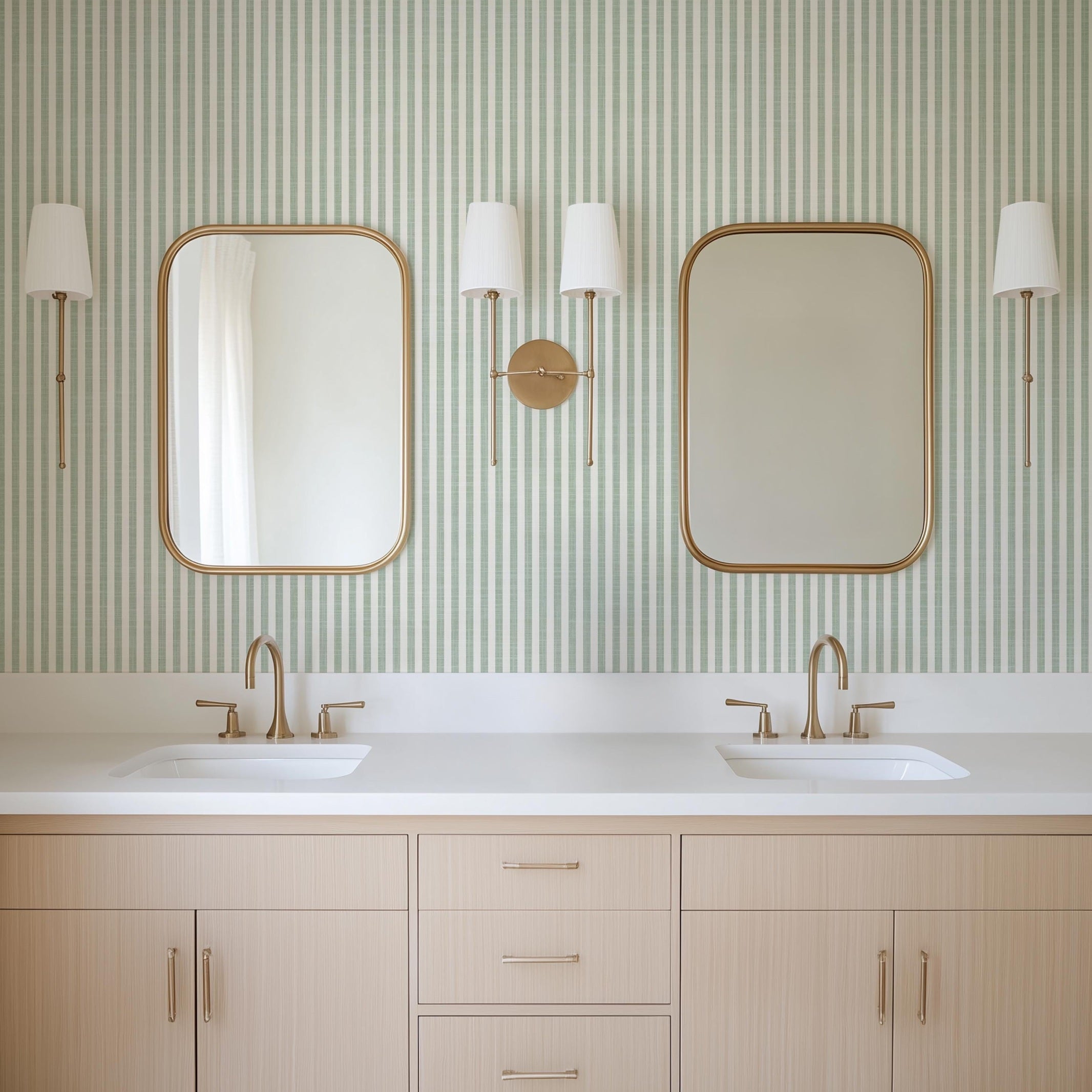 Cottage Stripe Wallpaper - Sage Green and White wallpaper available in peel and stick (removable), prepasted, and traditional nonpasted / unpasted 