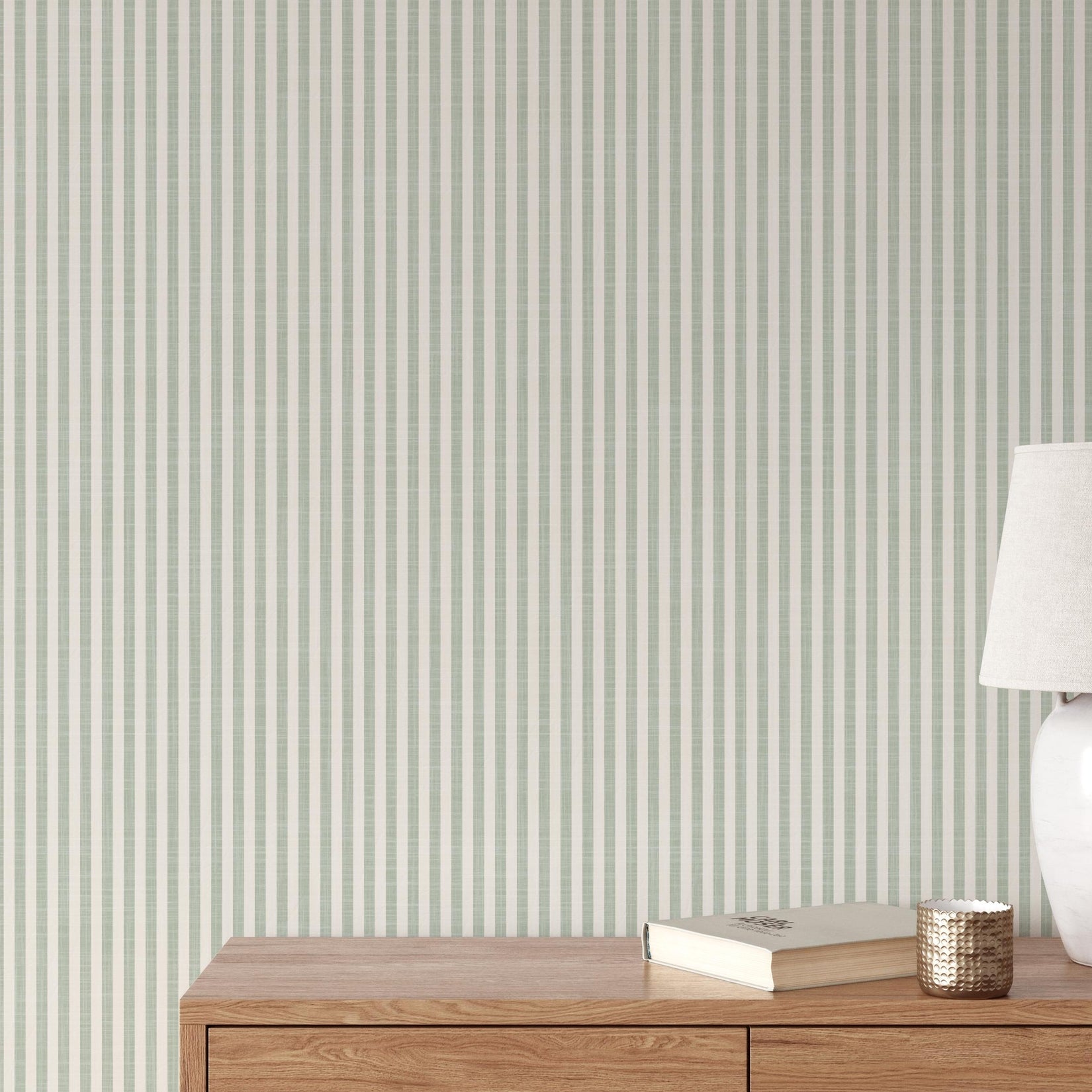 Cottage Stripe Wallpaper - Sage Green and White wallpaper available in peel and stick (removable), prepasted, and traditional nonpasted / unpasted 