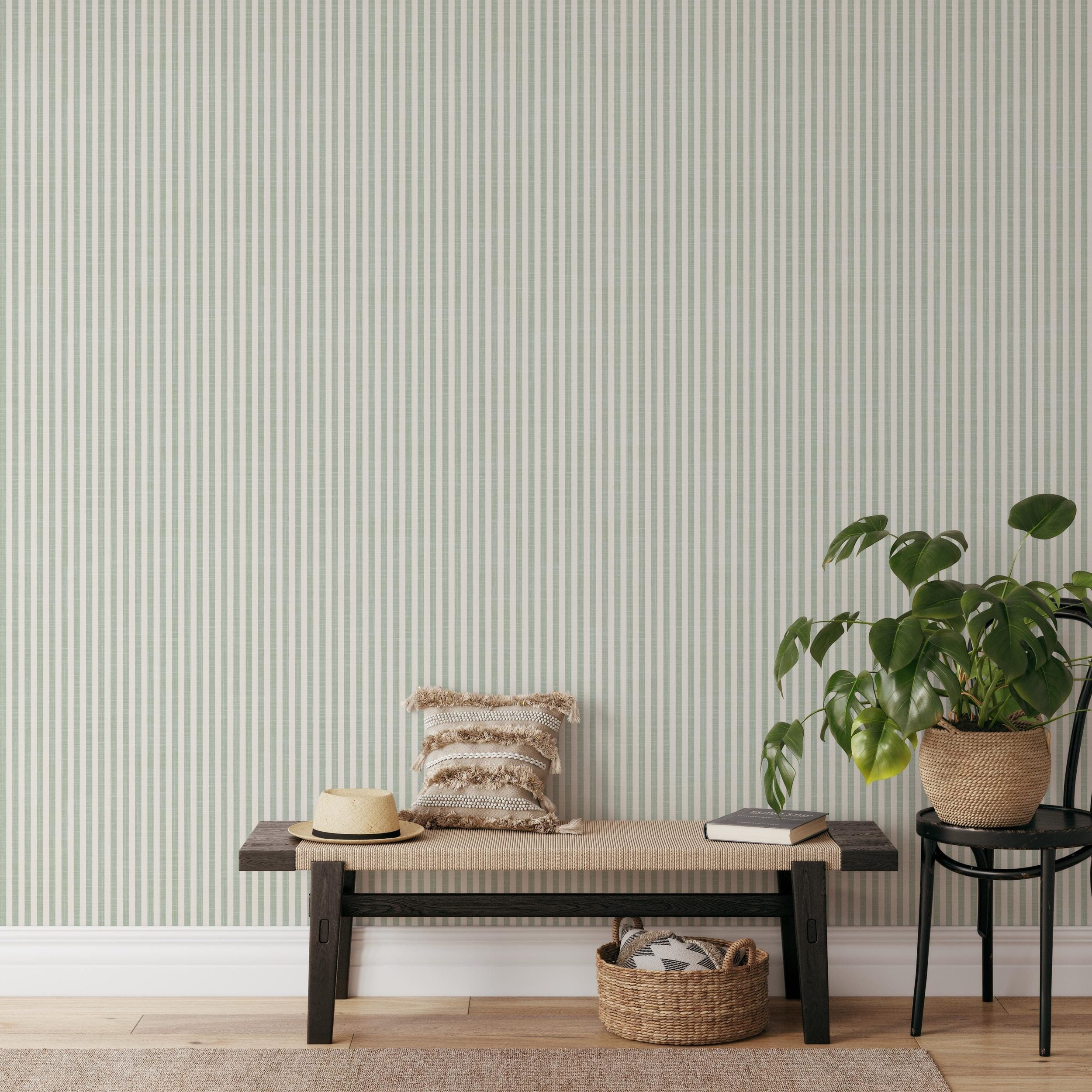 Cottage Stripe Wallpaper - Sage Green and White wallpaper available in peel and stick (removable), prepasted, and traditional nonpasted / unpasted 