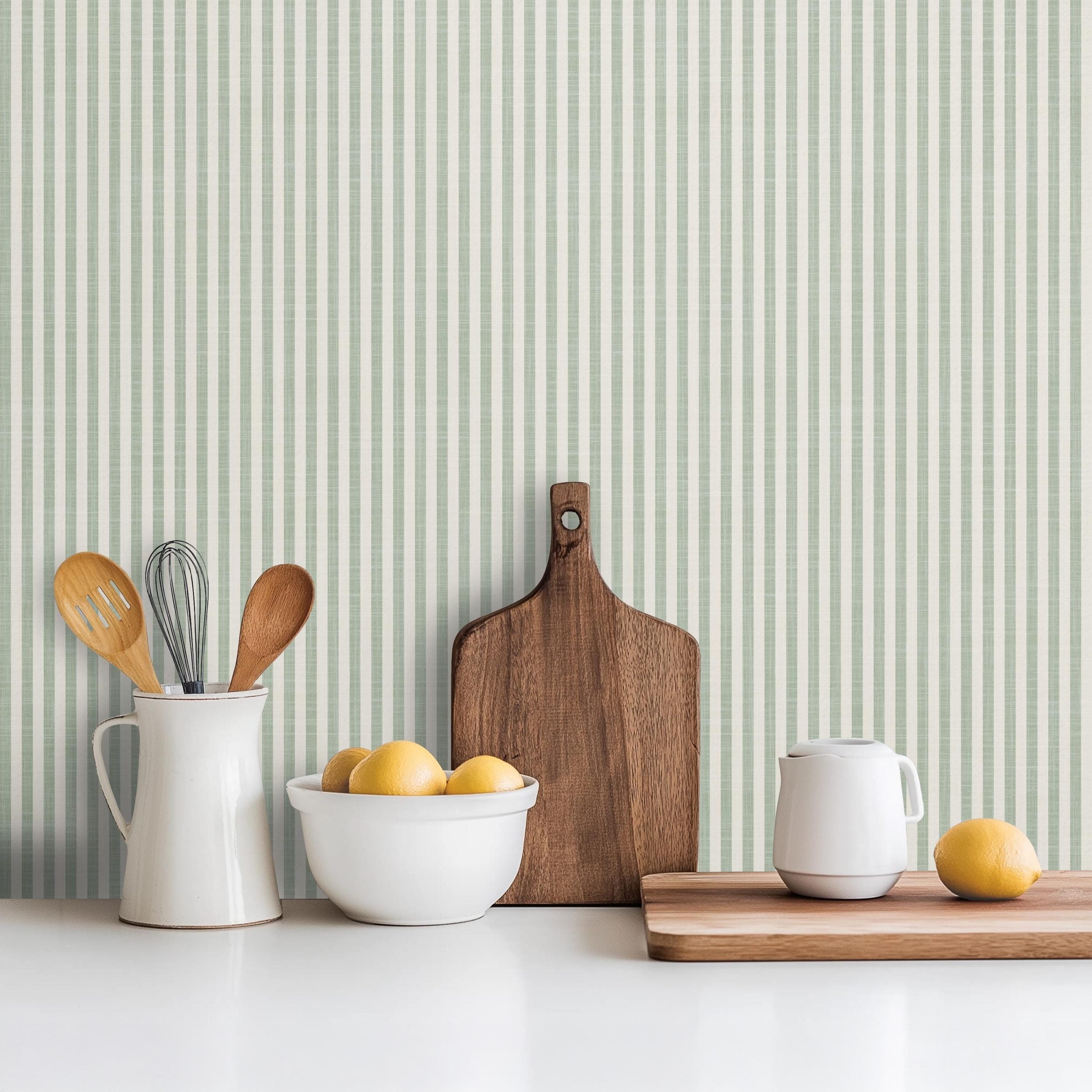 Cottage Stripe Wallpaper - Sage Green and White wallpaper available in peel and stick (removable), prepasted, and traditional nonpasted / unpasted 