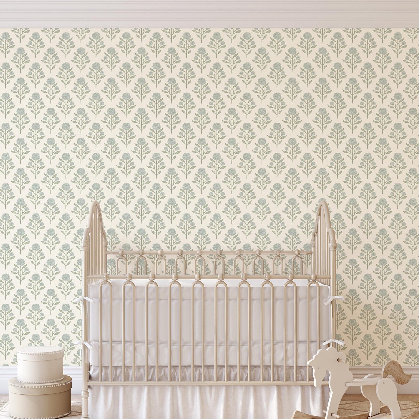 Wallpaper Blue and white French Country shown in Removable Peel and Stick or prepasted. Cute Vintage Floral, with Renter Friendly options for Baby Girl Nursery, Kids Bedroom, Powder Room, dining room or bathroom.