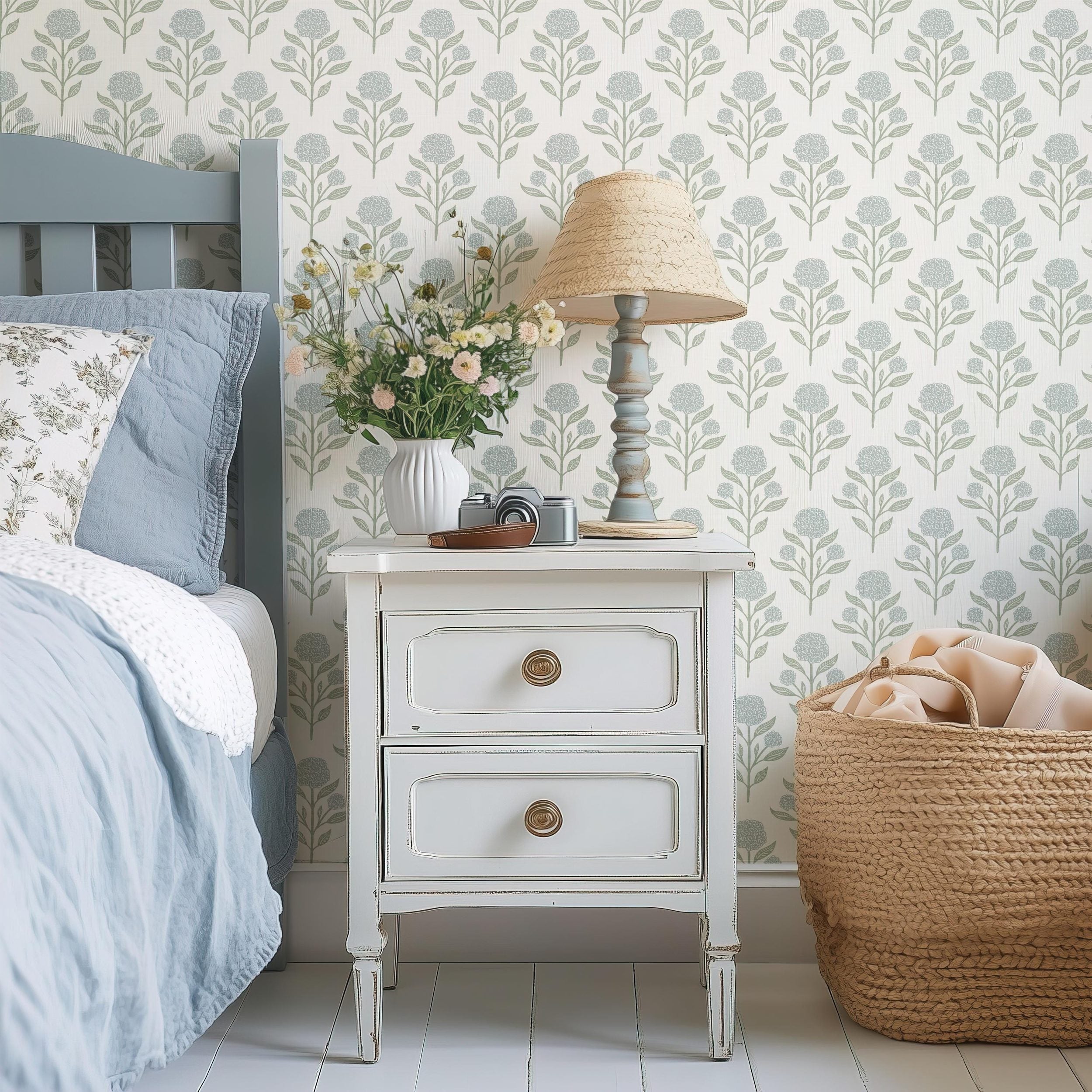 Wallpaper Blue and white French Country shown in Removable Peel and Stick or prepasted. Cute Vintage Floral, with Renter Friendly options for Baby Girl Nursery, Kids Bedroom, Powder Room, dining room or bathroom.