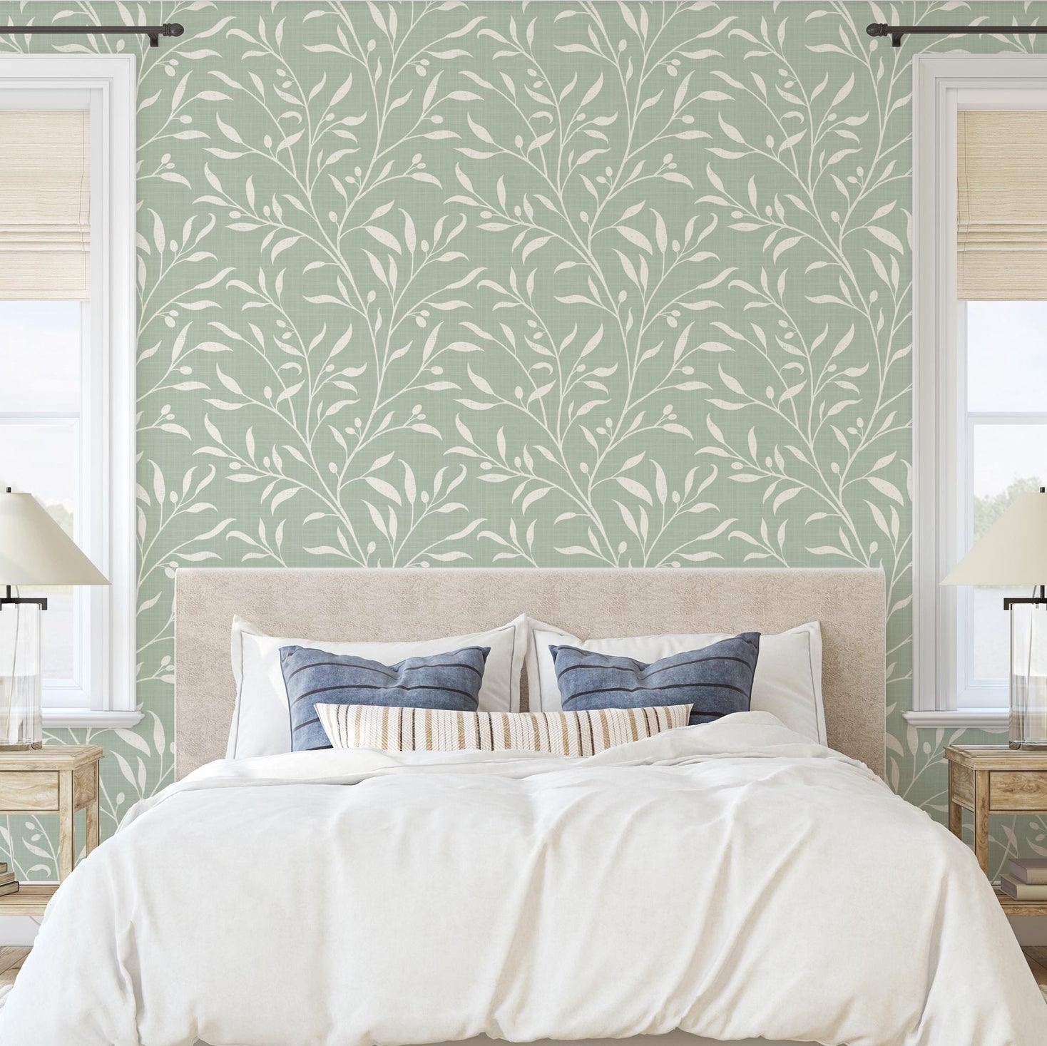sage green olive botanical wallpaper shown in peel and stick or prepasted removable. A french country or cottagecore style design for a vintage nursery, bathroom, powder room, dining room, entry or living room.