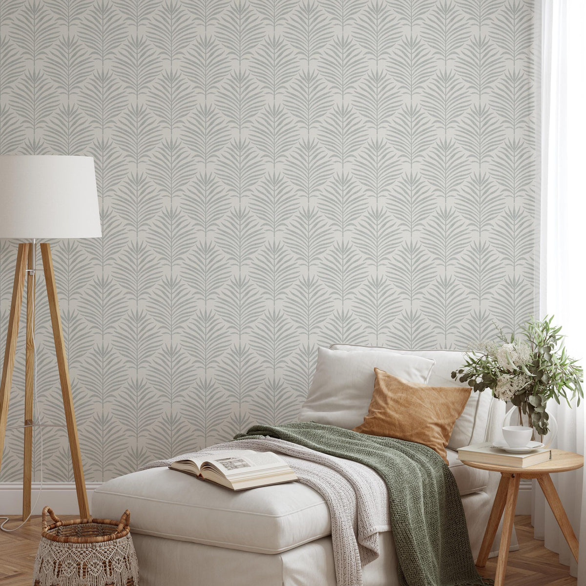 tropical boho wallpaper with minimalist gray and off white palm leaf print. shown in removable peel and stick or prepasted. Perfect for modern coastal bathroom, baby nursery, powder room, entry, dining, office, or living room accent wall.