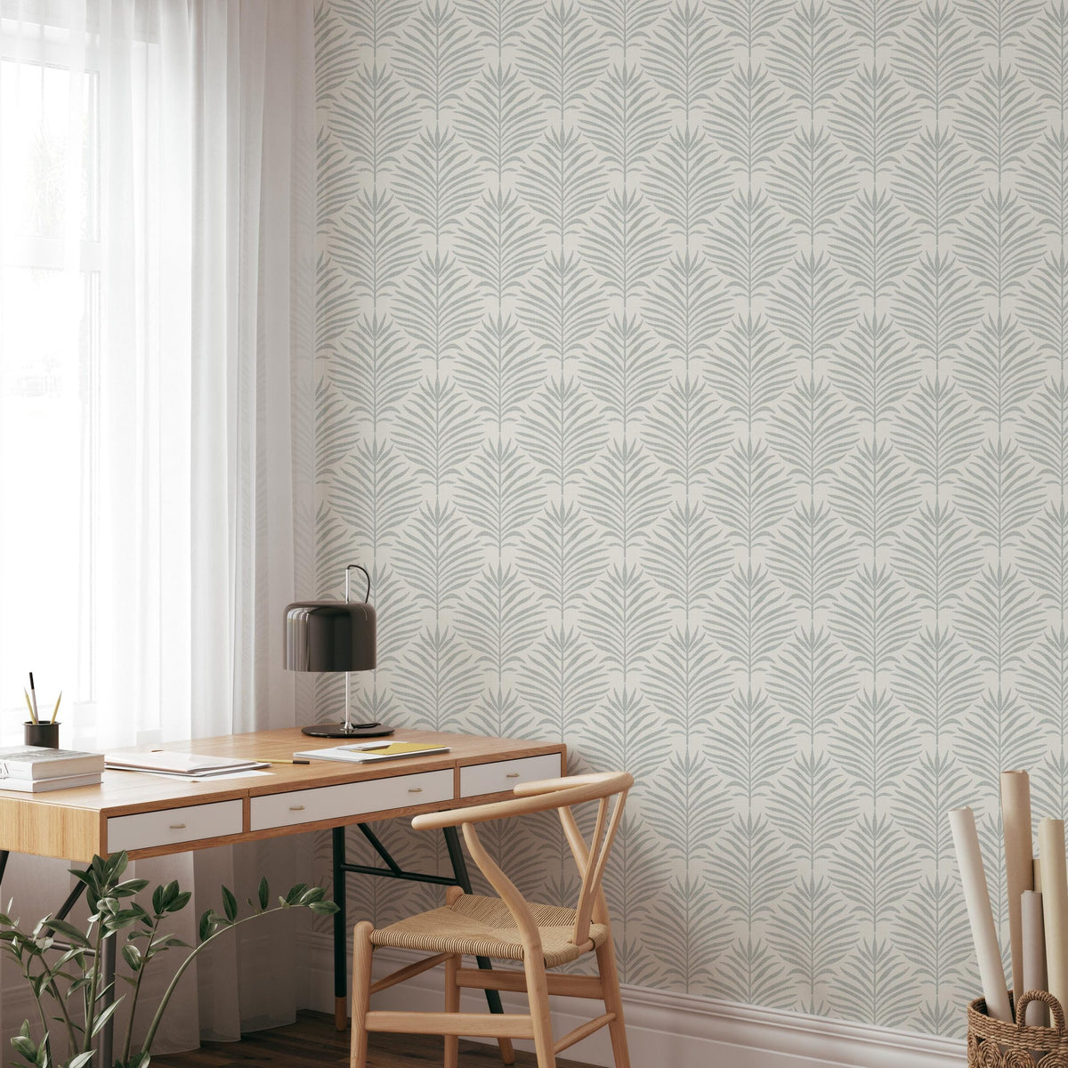 tropical boho wallpaper with minimalist gray and off white palm leaf print. shown in removable peel and stick or prepasted. Perfect for modern coastal bathroom, baby nursery, powder room, entry, dining, office, or living room accent wall.