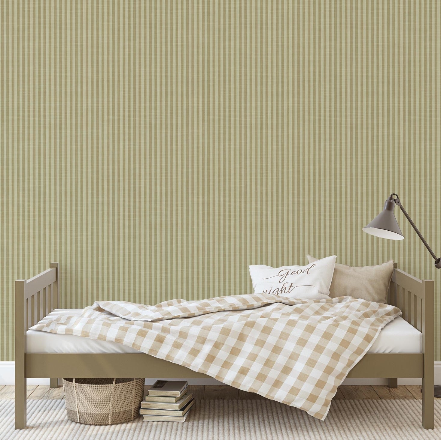 Olive and Sage Green Striped Wallpaper Peel and Stick Removable for Vintage French Country Cottage & Cottagecore Interiors for Boys Nursery, Kids room, toddler room, living room wall, powder or bathroom, dining room, office, or accent wall.