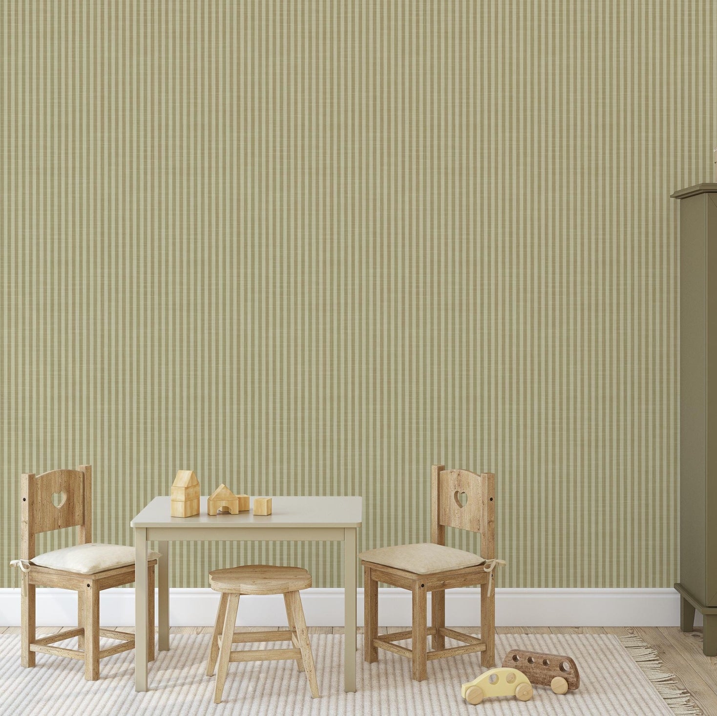 Olive and Sage Green Striped Wallpaper Peel and Stick Removable for Vintage French Country Cottage & Cottagecore Interiors for Boys Nursery, Kids room, toddler room, living room wall, powder or bathroom, dining room, office, or accent wall.