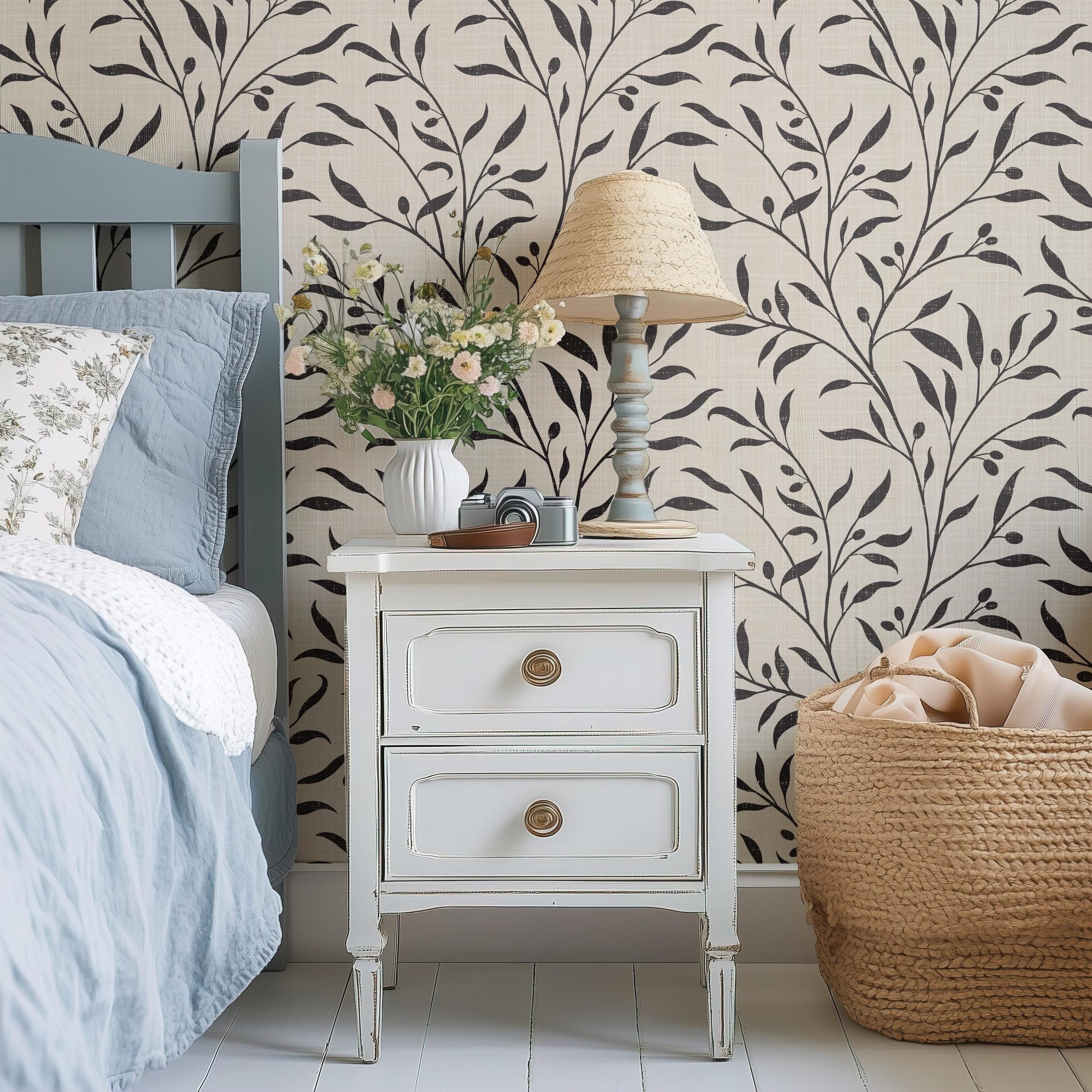 Mediterranean Wallpaper Removable Peel and Stick. Olive Tree Leaf & Branches Cream Beige Black Botanical. Vintage heritage revival print for Bedroom, Powder Room, dining room, entryway or living room walls.