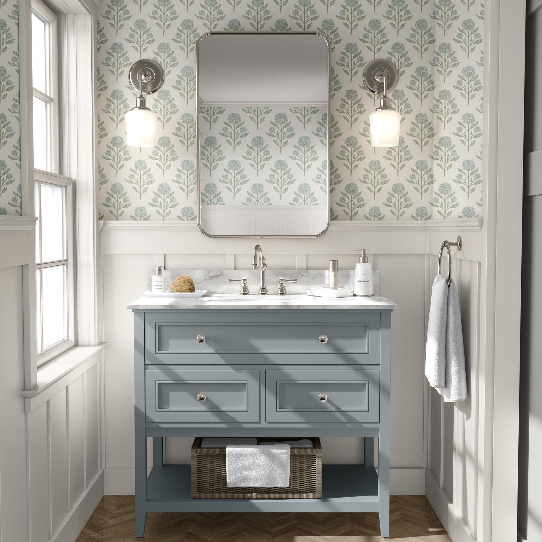 Wallpaper Blue and white French Country shown in Removable Peel and Stick or prepasted. Cute Vintage Floral, with Renter Friendly options for Baby Girl Nursery, Kids Bedroom, Powder Room, dining room or bathroom.