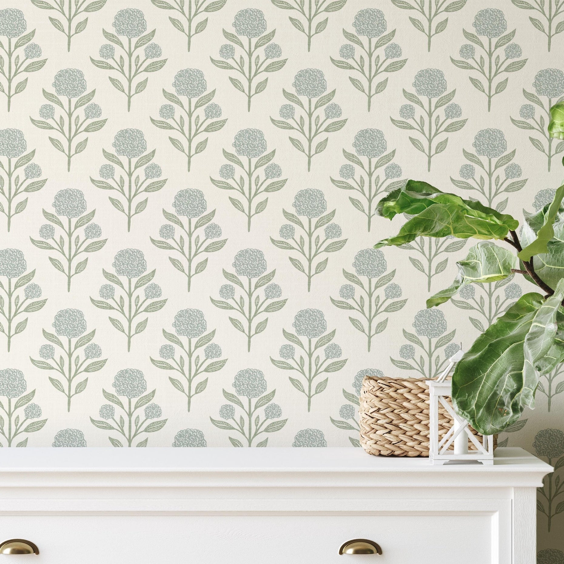 Wallpaper Blue and white French Country shown in Removable Peel and Stick or prepasted. Cute Vintage Floral, with Renter Friendly options for Baby Girl Nursery, Kids Bedroom, Powder Room, dining room or bathroom.