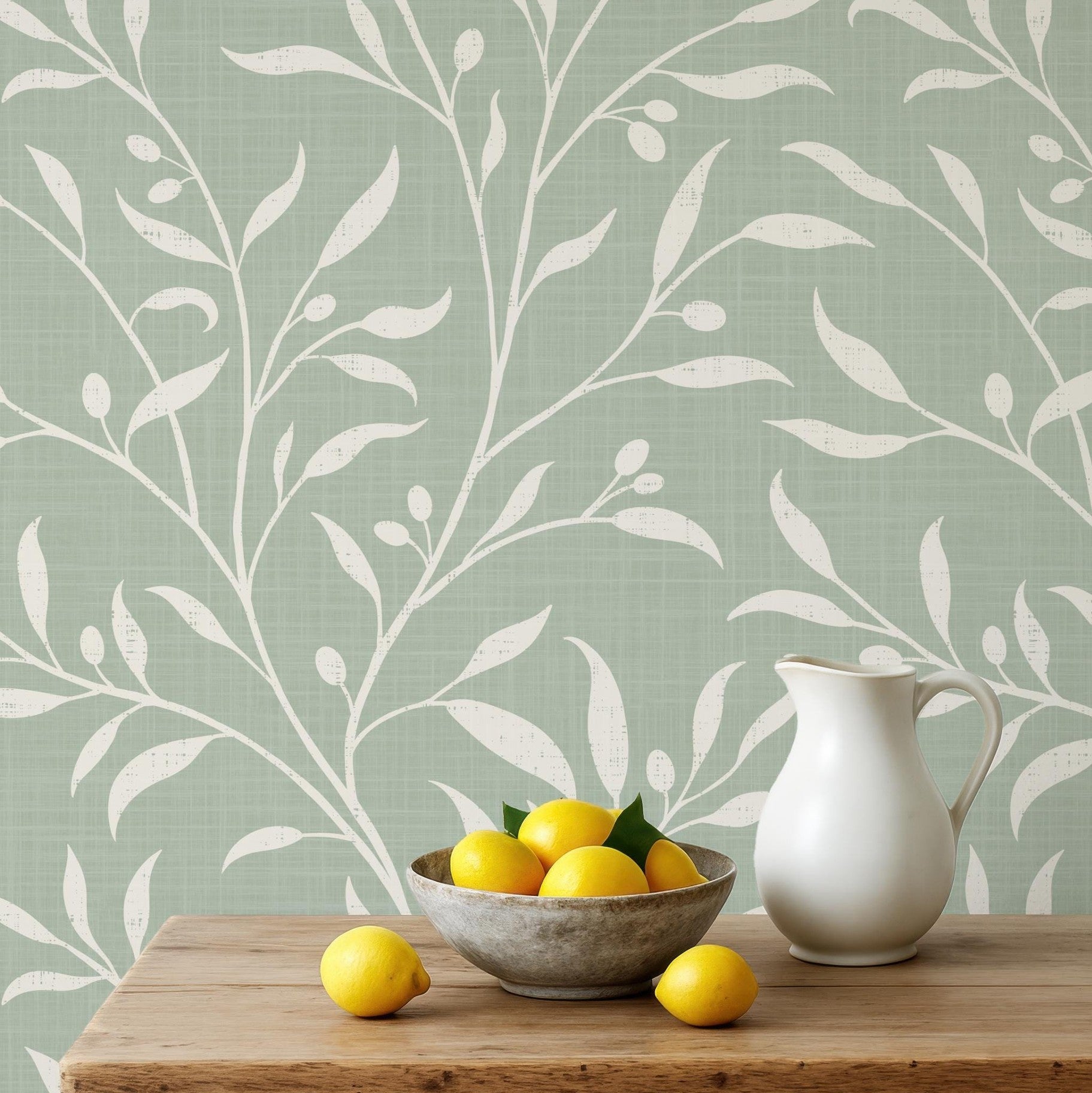 sage green olive botanical wallpaper shown in peel and stick or prepasted removable. A french country or cottagecore style design for a vintage nursery, bathroom, powder room, dining room, entry or living room.