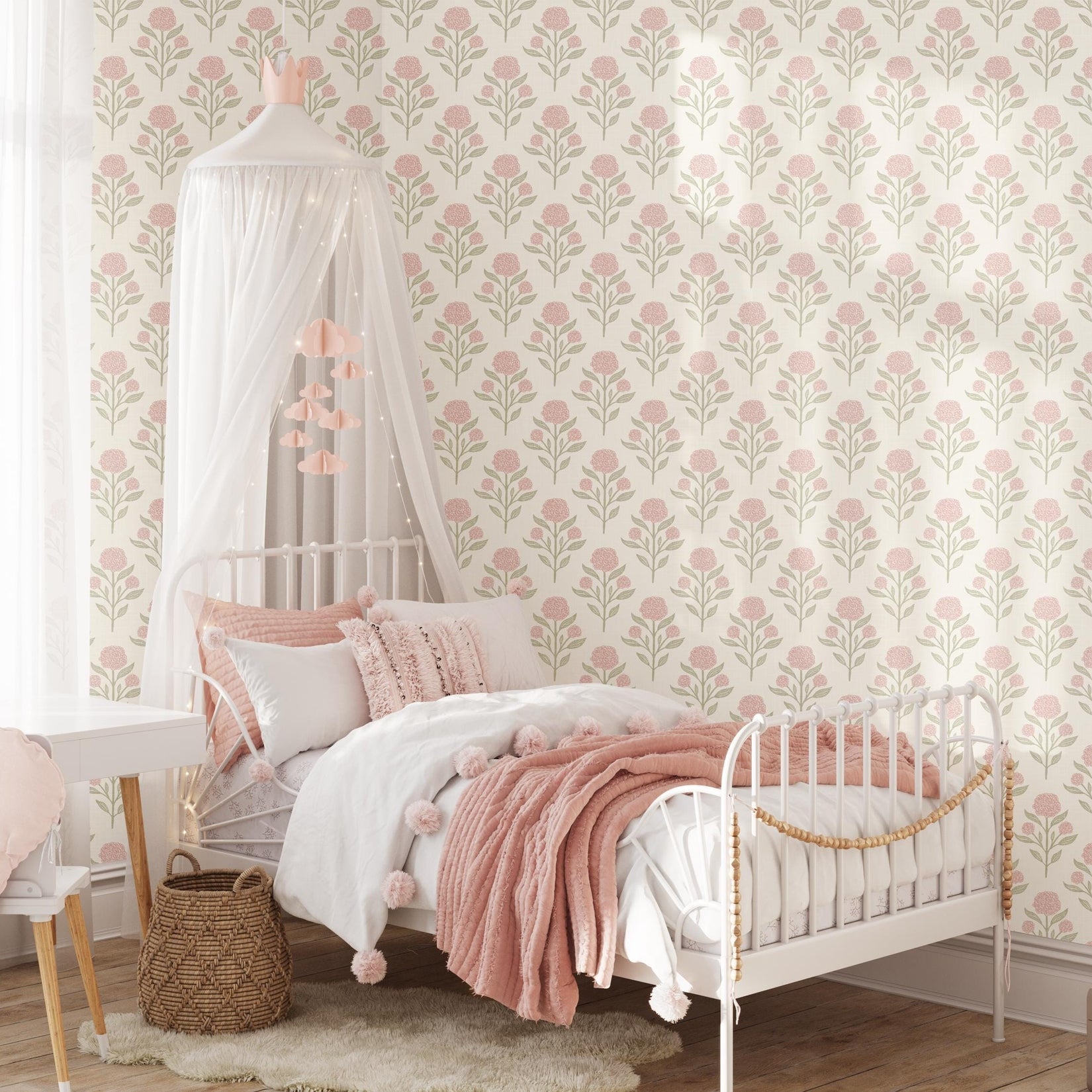 Wallpaper Pink and white French Country shown in Removable Peel and Stick or prepasted. Cute Vintage Floral, with Renter Friendly options for Baby Girl Nursery, Toddler Room, Tween Teen room or dorm decor