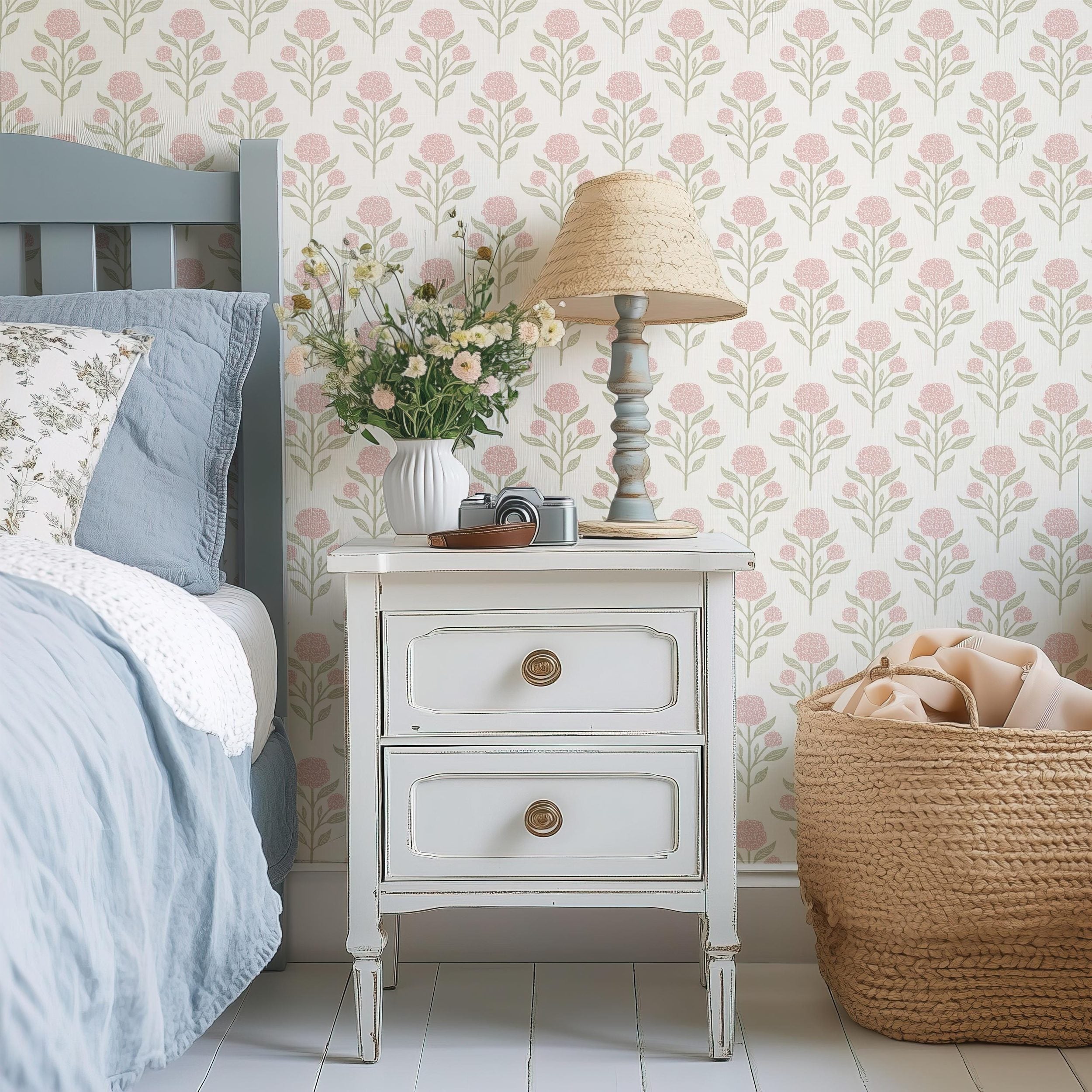 Wallpaper Pink and white French Country shown in Removable Peel and Stick or prepasted. Cute Vintage Floral, with Renter Friendly options for Baby Girl Nursery, Toddler Room, Tween Teen room or dorm decor