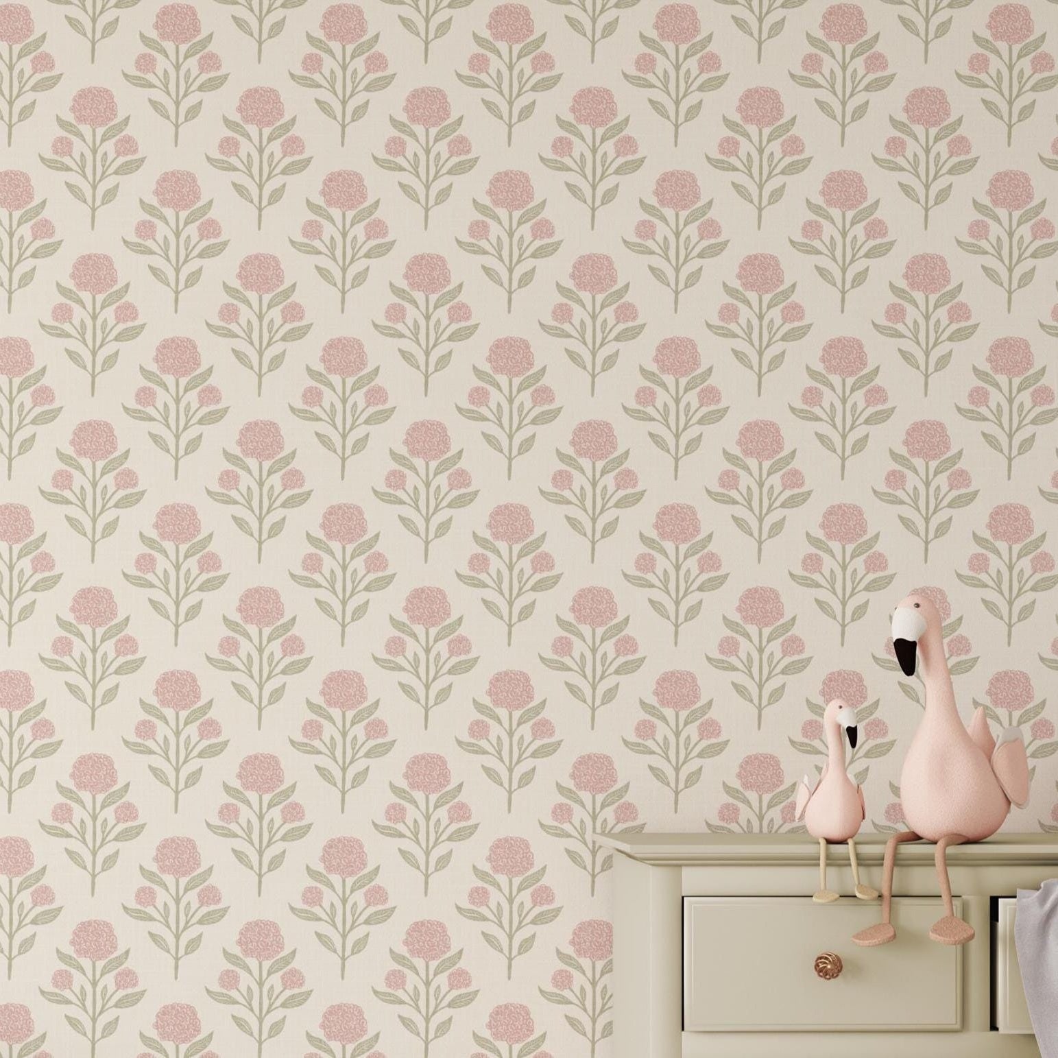 Wallpaper Pink and white French Country shown in Removable Peel and Stick or prepasted. Cute Vintage Floral, with Renter Friendly options for Baby Girl Nursery, Toddler Room, Tween Teen room or dorm decor