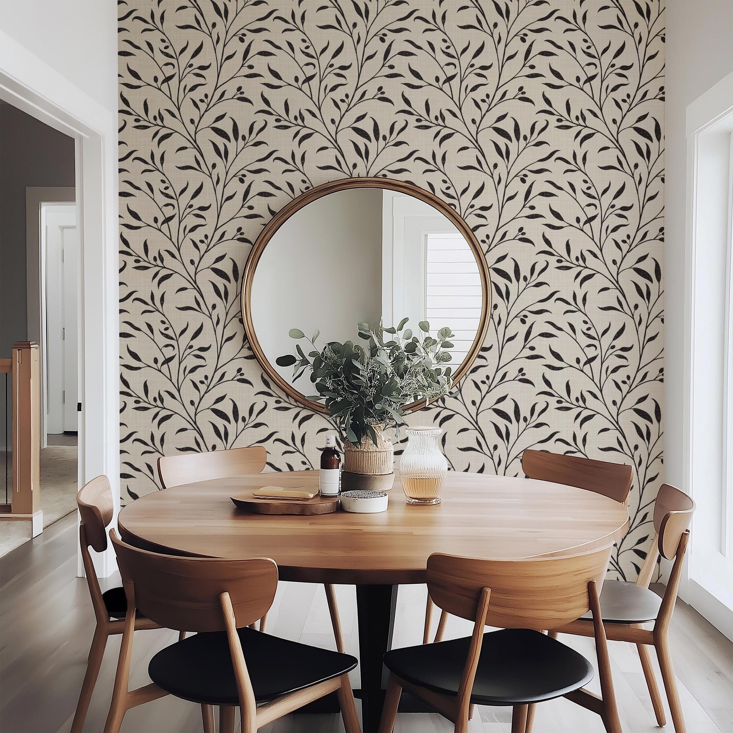 Mediterranean Wallpaper Removable Peel and Stick. Olive Tree Leaf & Branches Cream Beige Black Botanical. Vintage heritage revival print for Bedroom, Powder Room, dining room, entryway or living room walls.