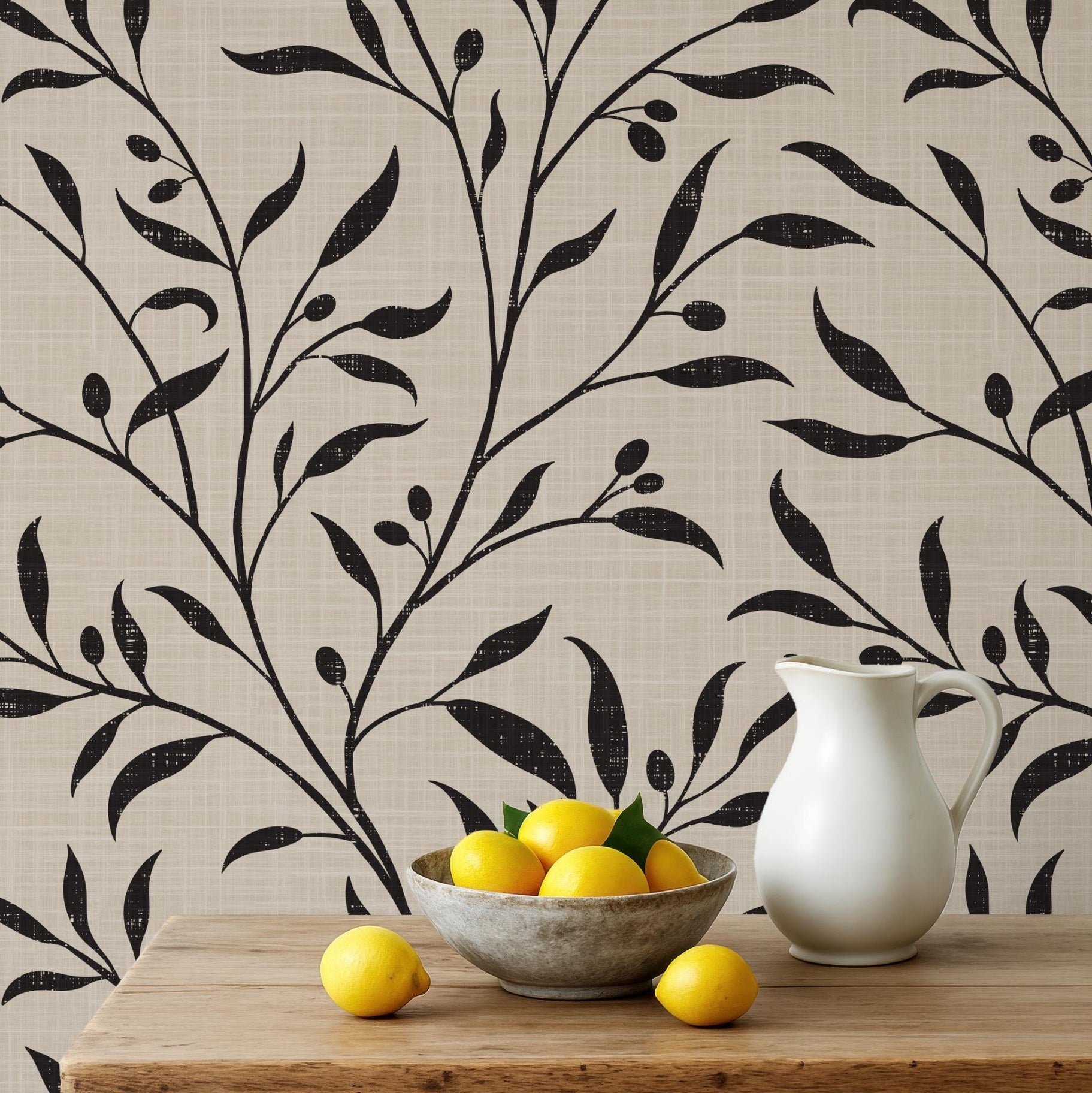 Mediterranean Wallpaper Removable Peel and Stick. Olive Tree Leaf & Branches Cream Beige Black Botanical. Vintage heritage revival print for Bedroom, Powder Room, dining room, entryway or living room walls.