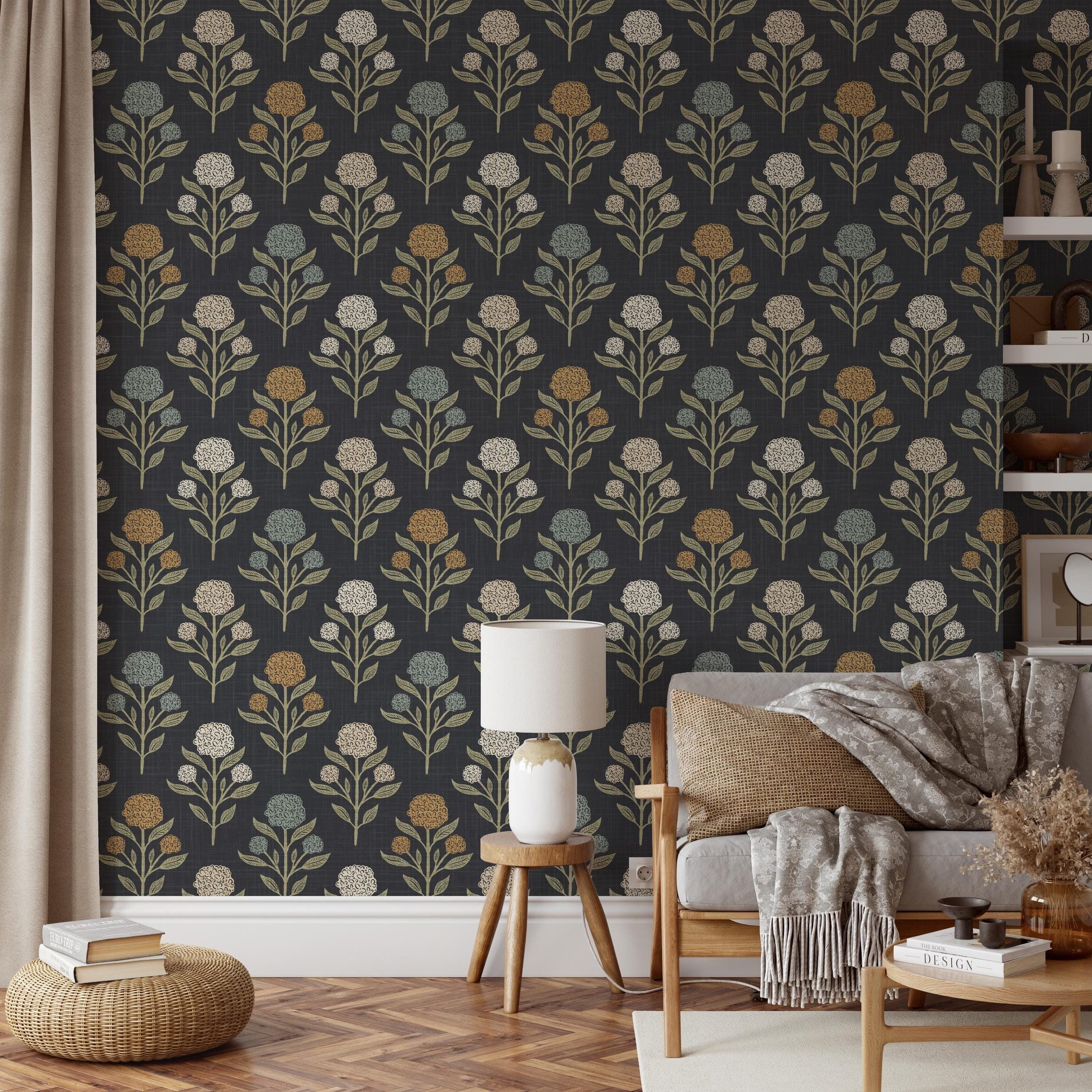 Heritage Revival Dark Floral Gothic Black Wallpaper shown in prepasted or peel and stick removable, diy, renter friendly for powder room, bathroom, entryway, hallway, office, or dramatic statement wall.