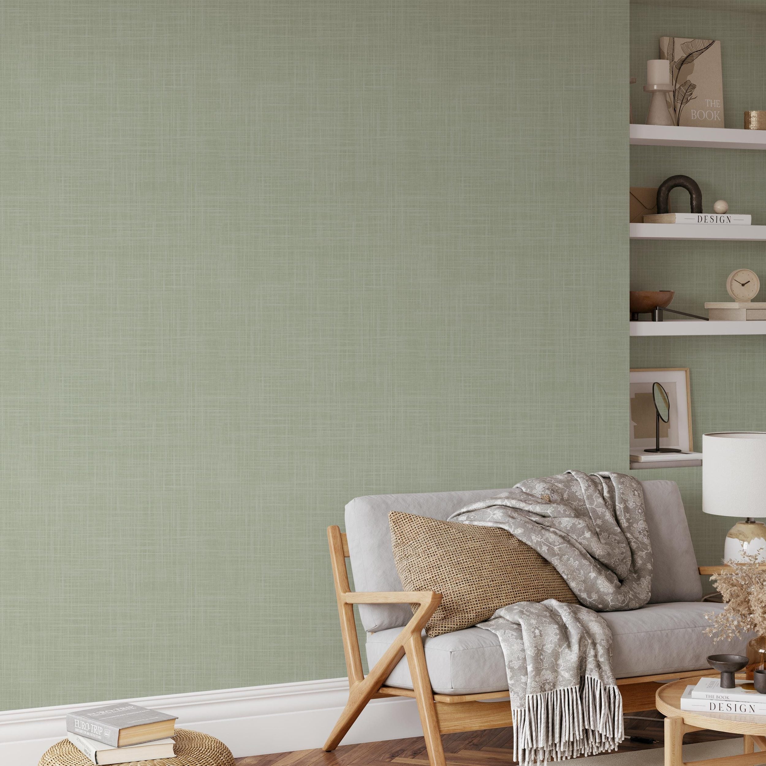 sage green wallpaper showing in peel and stick or prepasted temporary removable with linen look texture for Japandi, boho and farmhouse nursery, powder room, dining room, bedroom, laundry room or office walls.