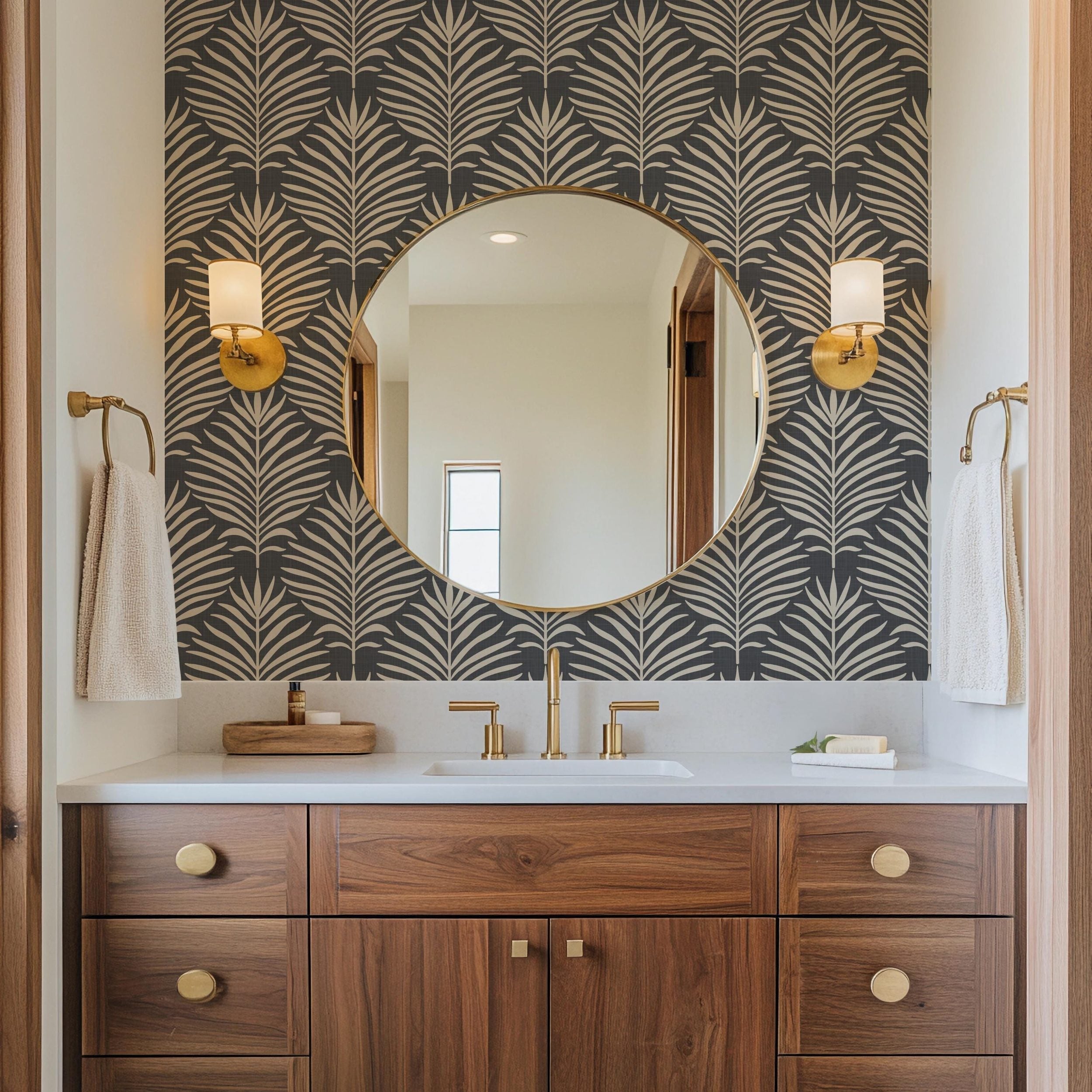 Boho tropical wallpaper shown in peel and stick and prepasted options. Neutral black dark moody botanical palm leaf design for bathroom, powder room, office, living room, dining room, laundry room, and entryway. Renter friendly and removable coastal minimalist look.