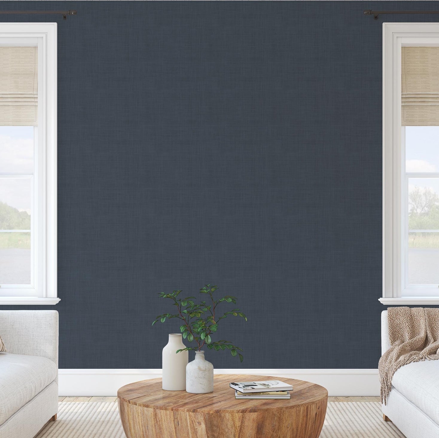 Dark Navy Blue Modern Coastal Farmhouse Solid Color Wallpaper, shown in Removable Peel and Stick or Prepasted. Perfect for Bedroom, Dining Room, Powder Room, Bathroom, Boys Room, and Teen Bedroom.