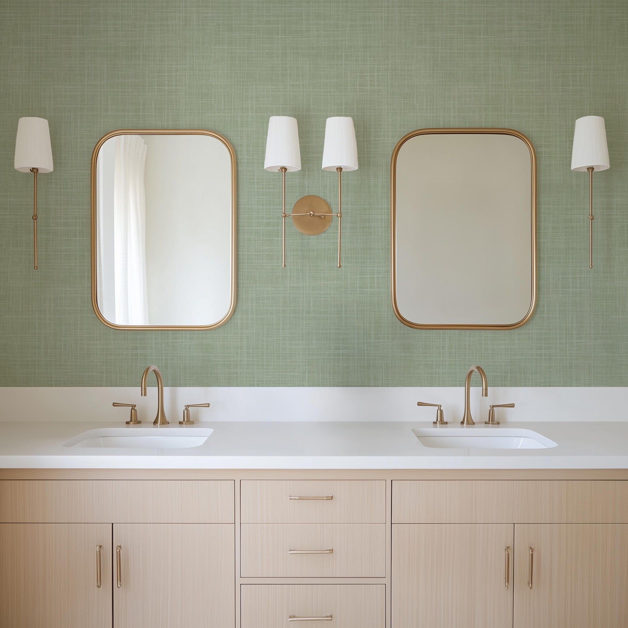 sage green wallpaper showing in peel and stick or prepasted temporary removable with linen look texture for Japandi, boho and farmhouse nursery, powder room, dining room, bedroom, laundry room or office walls.