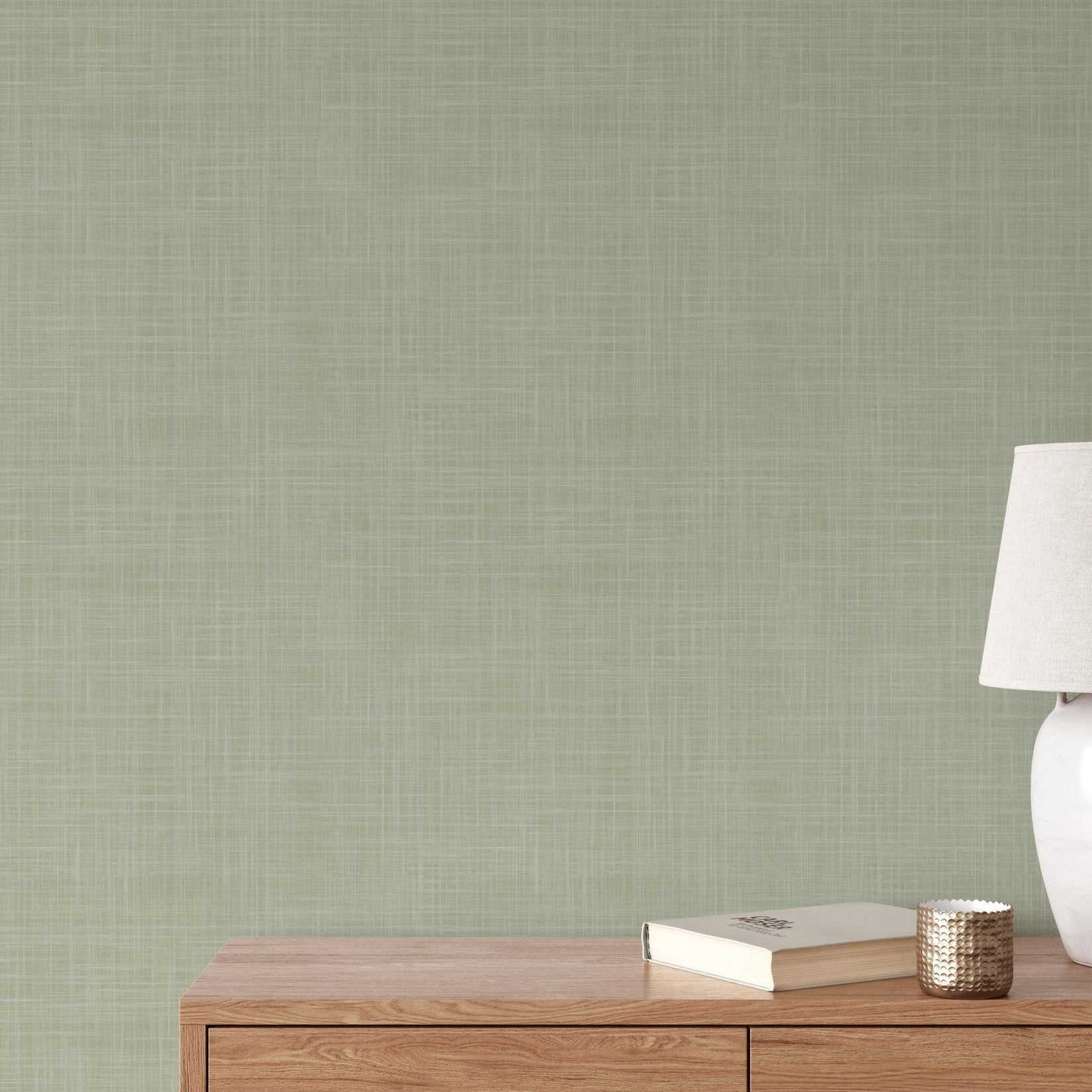 sage green wallpaper showing in peel and stick or prepasted temporary removable with linen look texture for Japandi, boho and farmhouse nursery, powder room, dining room, bedroom, laundry room or office walls.