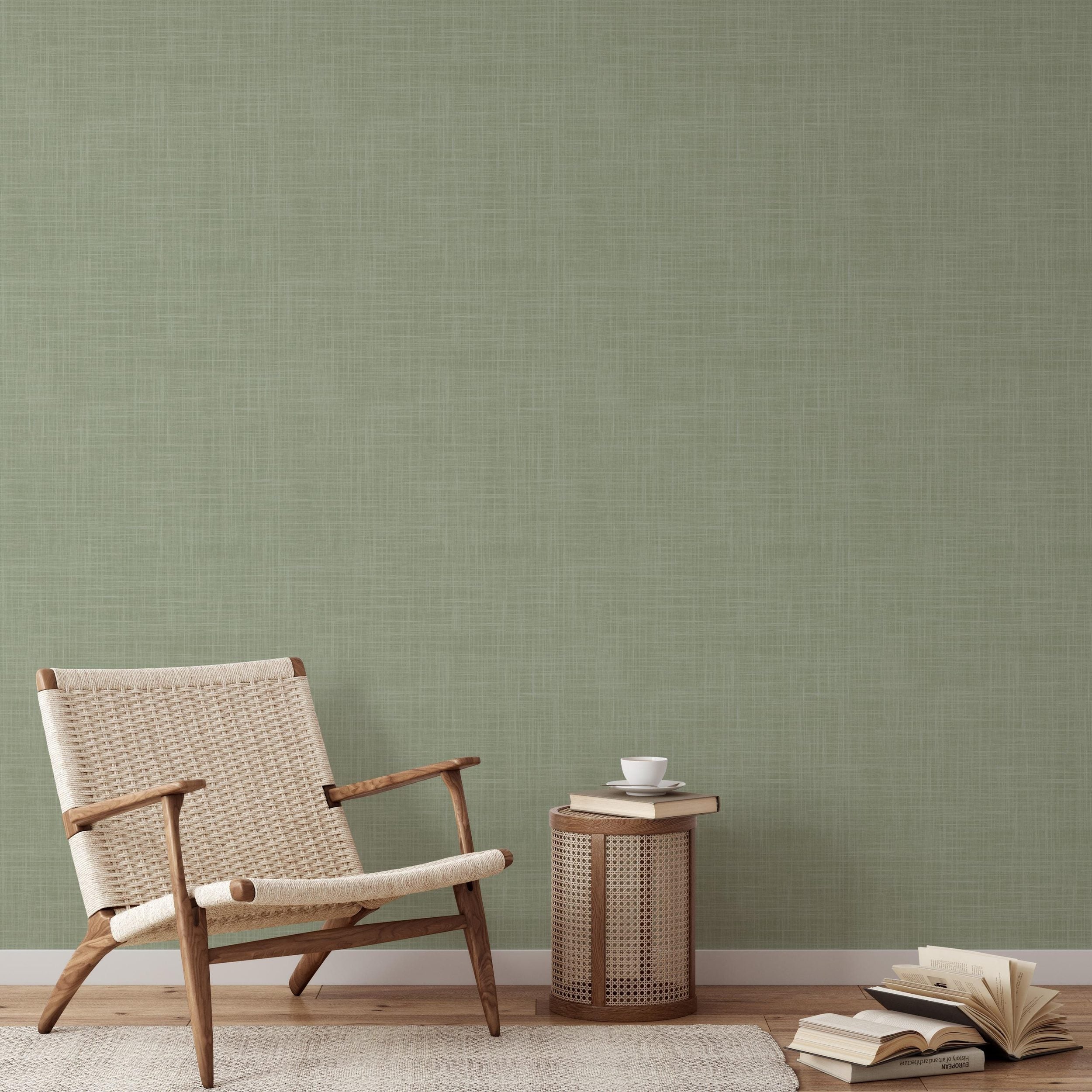 sage green wallpaper showing in peel and stick or prepasted temporary removable with linen look texture for Japandi, boho and farmhouse nursery, powder room, dining room, bedroom, laundry room or office walls.