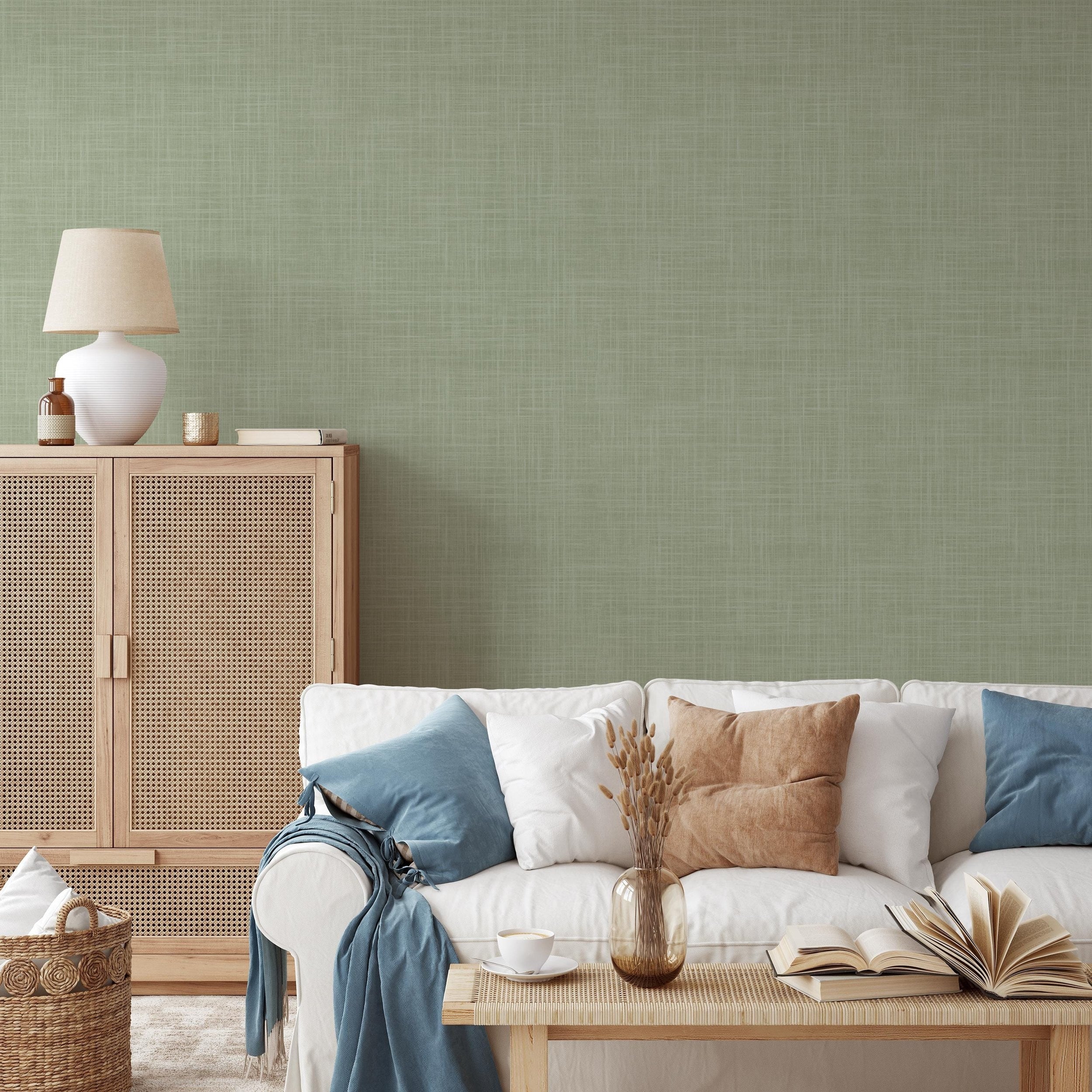 sage green wallpaper showing in peel and stick or prepasted temporary removable with linen look texture for Japandi, boho and farmhouse nursery, powder room, dining room, bedroom, laundry room or office walls.