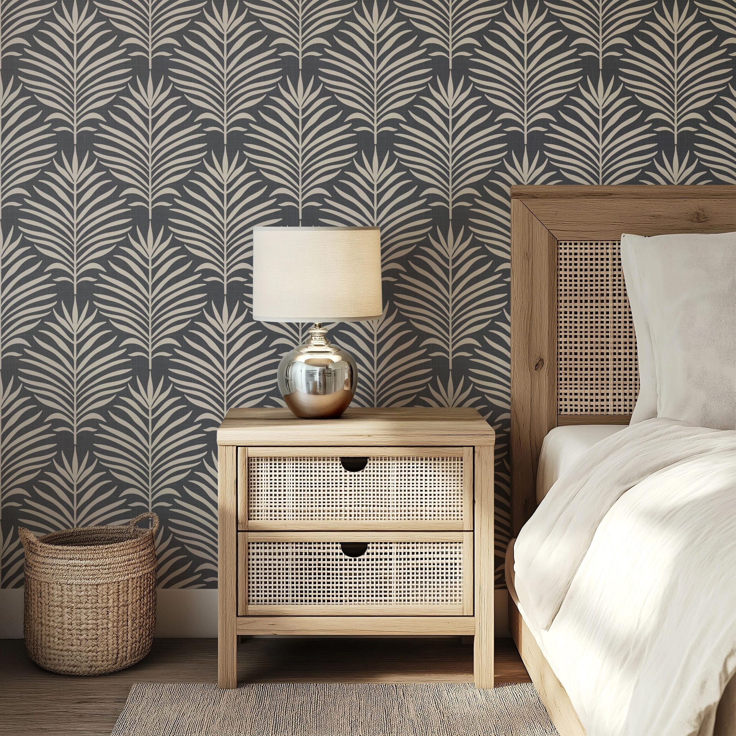 Boho tropical wallpaper shown in peel and stick and prepasted options. Neutral black dark moody botanical palm leaf design for bathroom, powder room, office, living room, dining room, laundry room, and entryway. Renter friendly and removable coastal minimalist look.