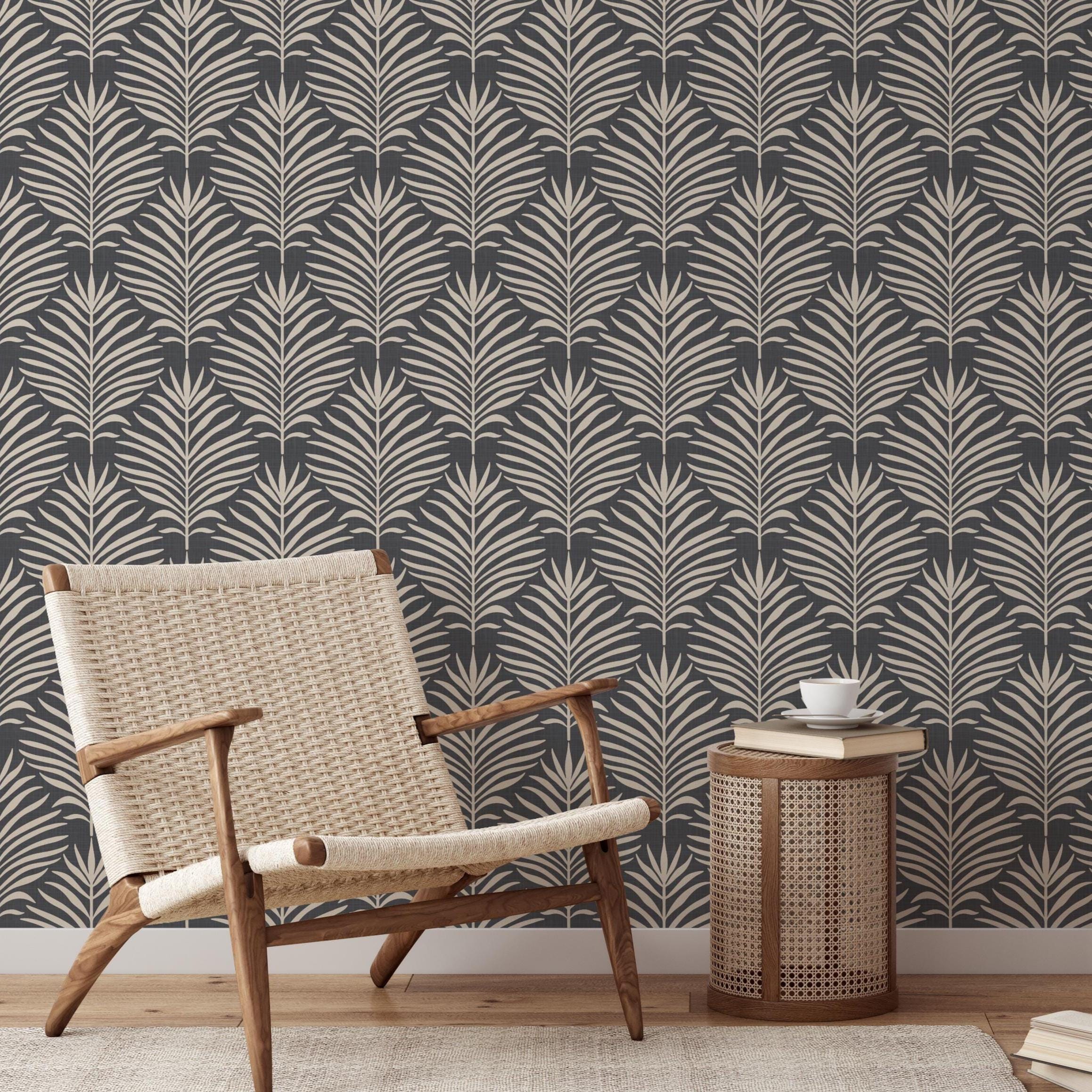 Boho tropical wallpaper shown in peel and stick and prepasted options. Neutral black dark moody botanical palm leaf design for bathroom, powder room, office, living room, dining room, laundry room, and entryway. Renter friendly and removable coastal minimalist look.