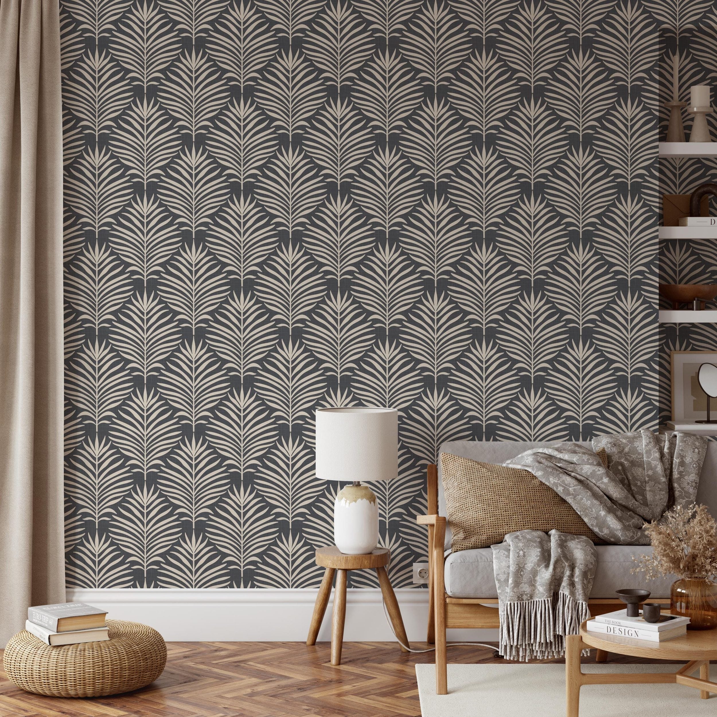 Boho tropical wallpaper shown in peel and stick and prepasted options. Neutral black dark moody botanical palm leaf design for bathroom, powder room, office, living room, dining room, laundry room, and entryway. Renter friendly and removable coastal minimalist look.