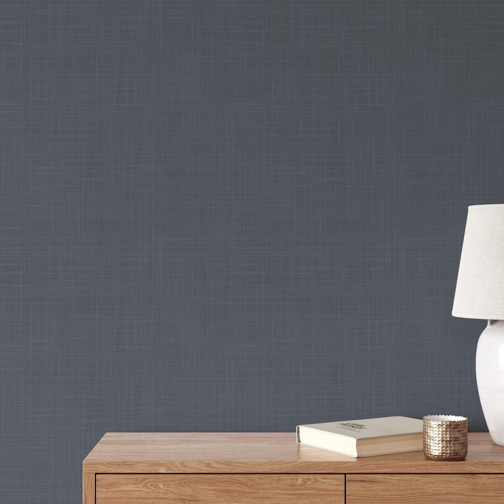 Dark Navy Blue Modern Coastal Farmhouse Solid Color Wallpaper, shown in Removable Peel and Stick or Prepasted. Perfect for Bedroom, Dining Room, Powder Room, Bathroom, Boys Room, and Teen Bedroom.