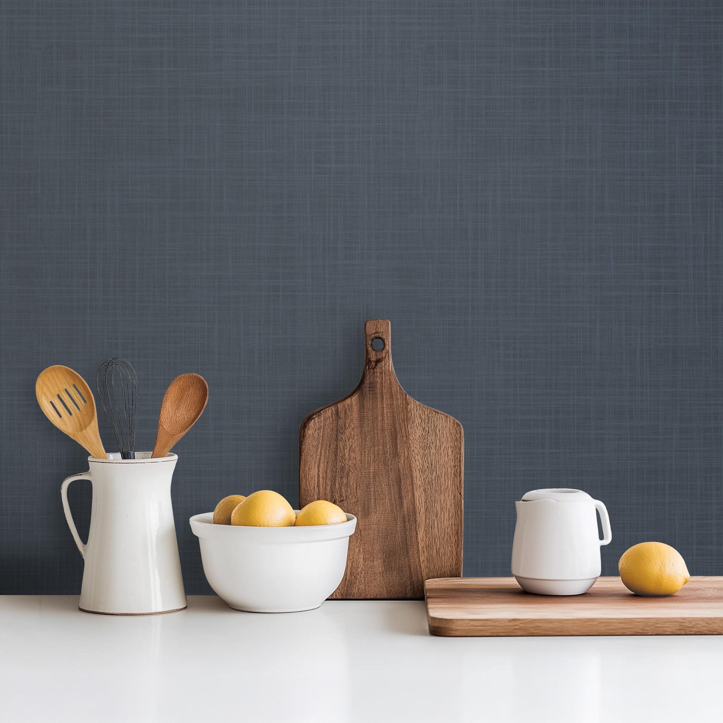 Dark Navy Blue Modern Coastal Farmhouse Solid Color Wallpaper, shown in Removable Peel and Stick or Prepasted. Perfect for Bedroom, Dining Room, Powder Room, Bathroom, Boys Room, and Teen Bedroom.