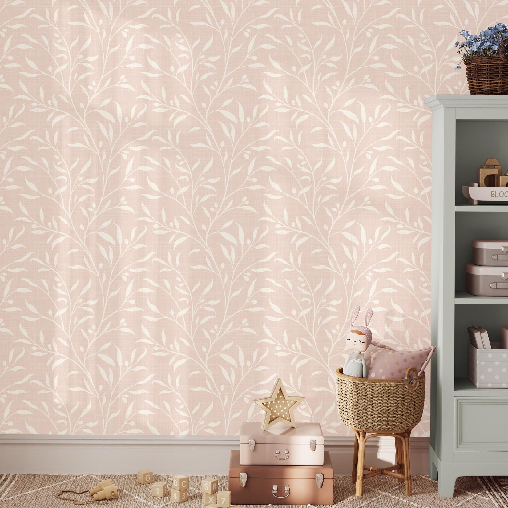 pink wallpaper for baby girl nursery or girls room, shown in removable peel and stick or pre-pasted. A pastel coquette boho chick botanical print for french country or cottagecore inspired spaces.