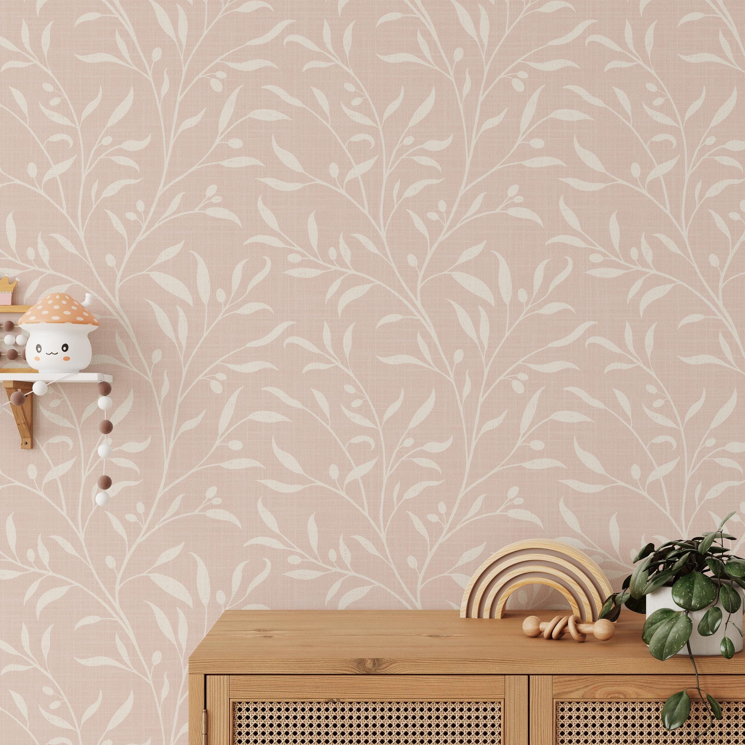 pink wallpaper for baby girl nursery or girls room, shown in removable peel and stick or pre-pasted. A pastel coquette boho chick botanical print for french country or cottagecore inspired spaces.